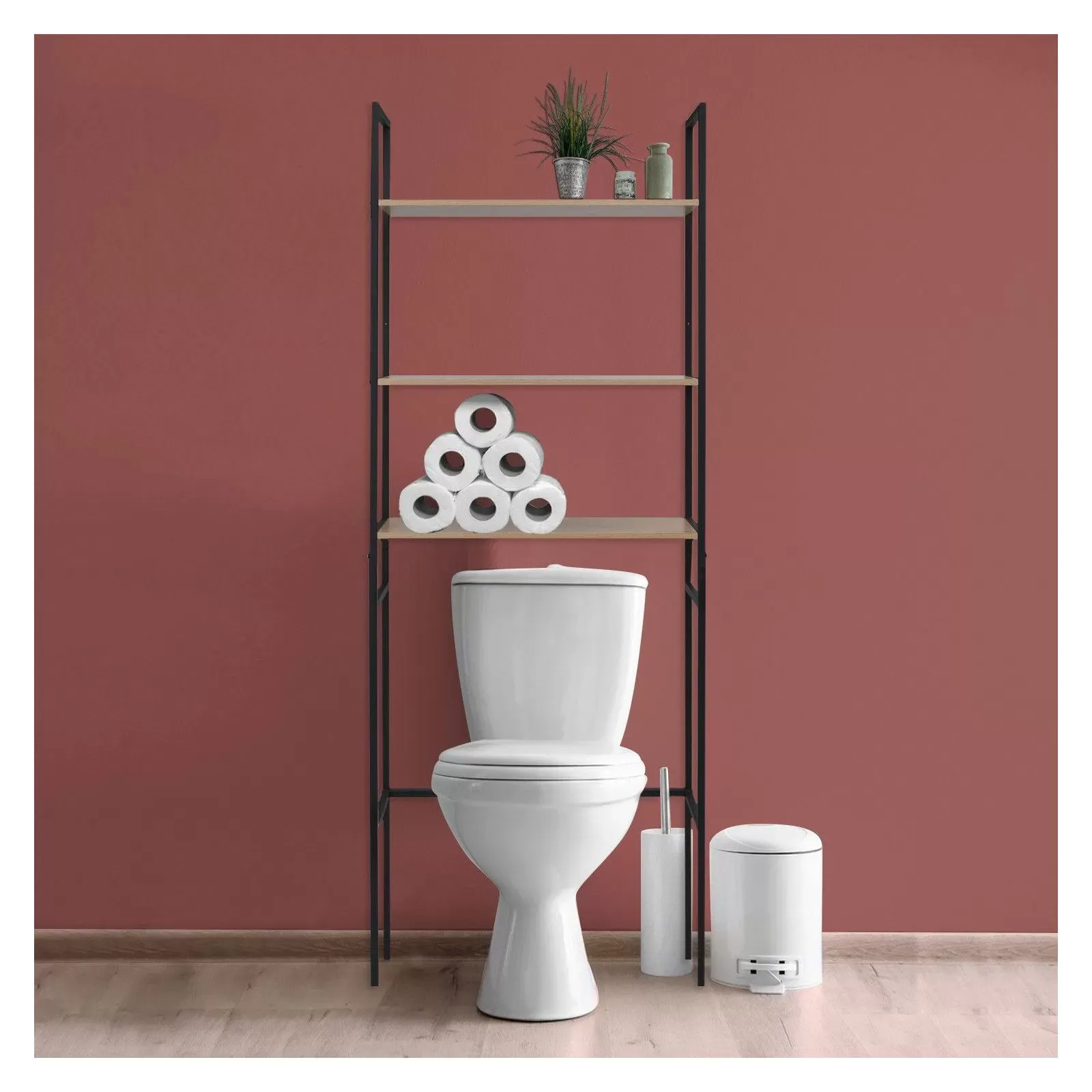 Illustration numéro 2 du produit Étagère pont WC bois et métal noir 180x66cm