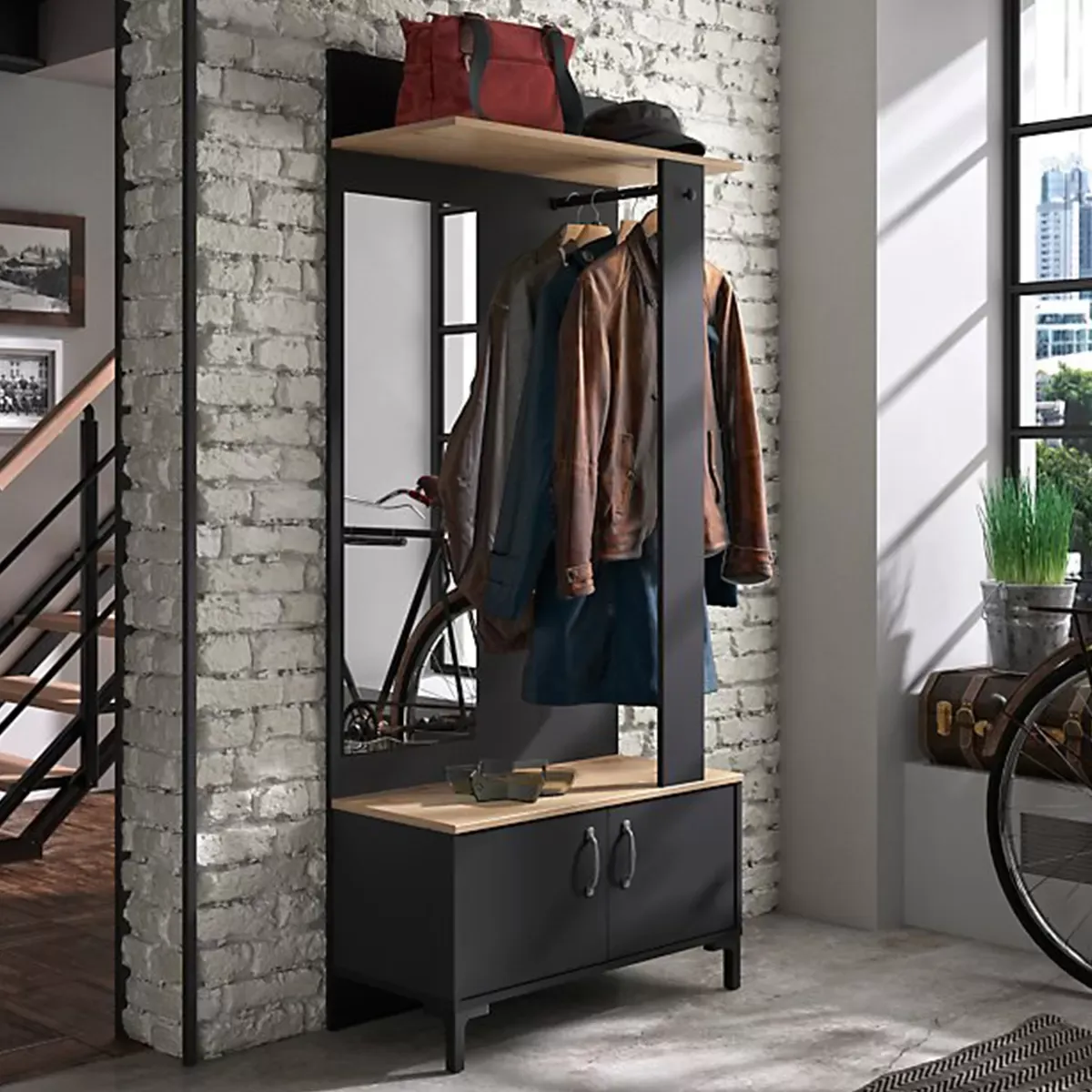 Illustration numéro 2 du produit Meuble entrée 2 portes 1 miroir effet chêne noir