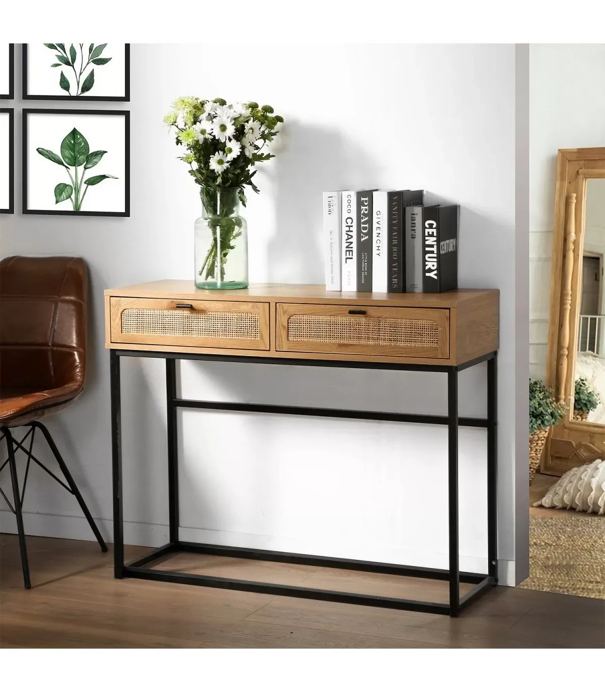 Illustration numéro 2 du produit Console 2 Tiroirs Aspect Chêne avec Cannage Rotin - L100cm