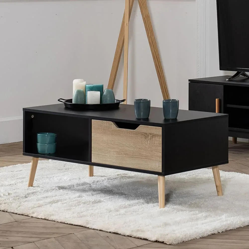 Illustration numéro 2 du produit Table basse style scandinave noire avec tiroir