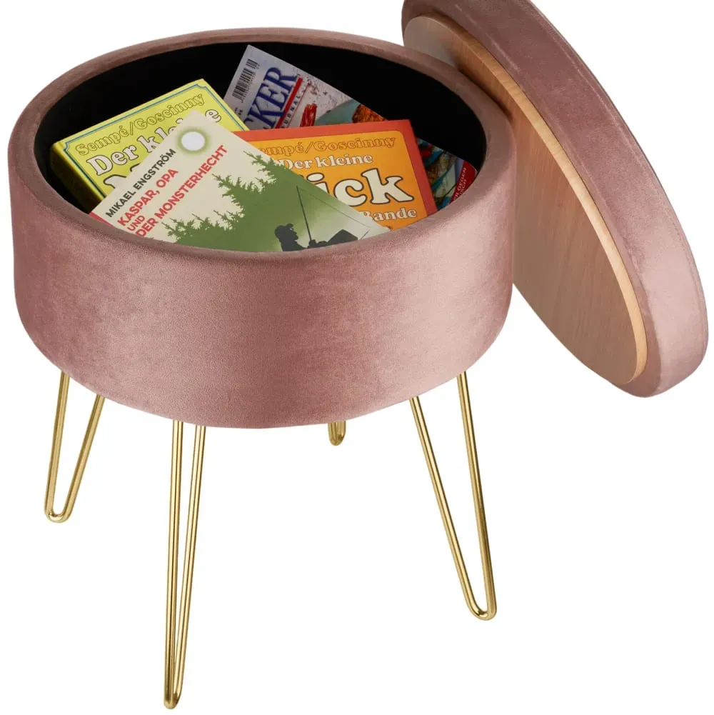 Illustration numéro 2 du produit Banc Tabouret Coffre de rangement Rond aspect Velours rose