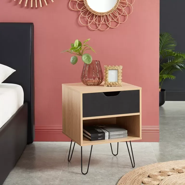 Illustration numéro 2 du produit Lot de 2 tables de chevet   noir  effet chêne  1 tiroir 40cm en noir