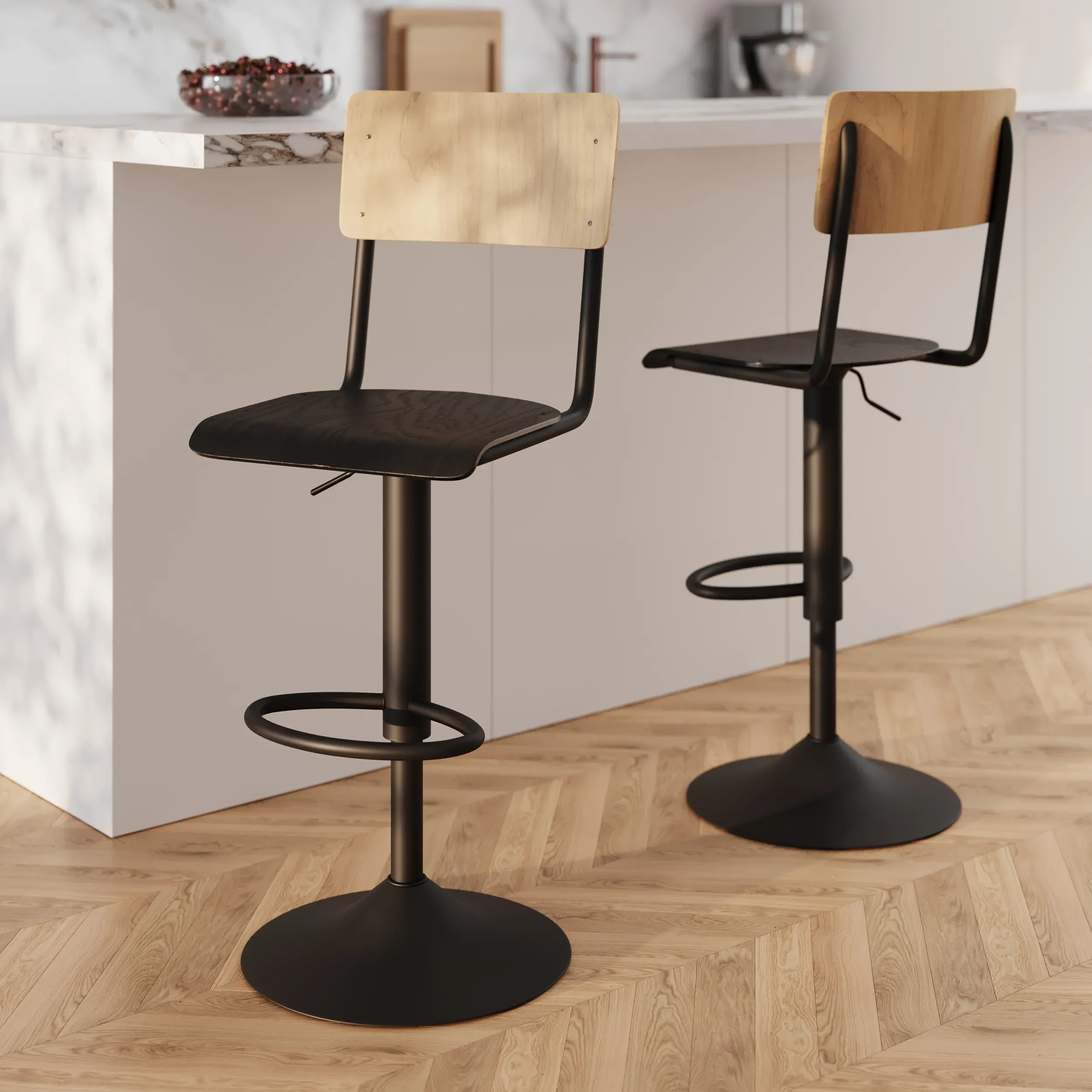 Illustration numéro 2 du produit Lot de 2 chaises de bar réglables 60/80 cm en bois clair et noir