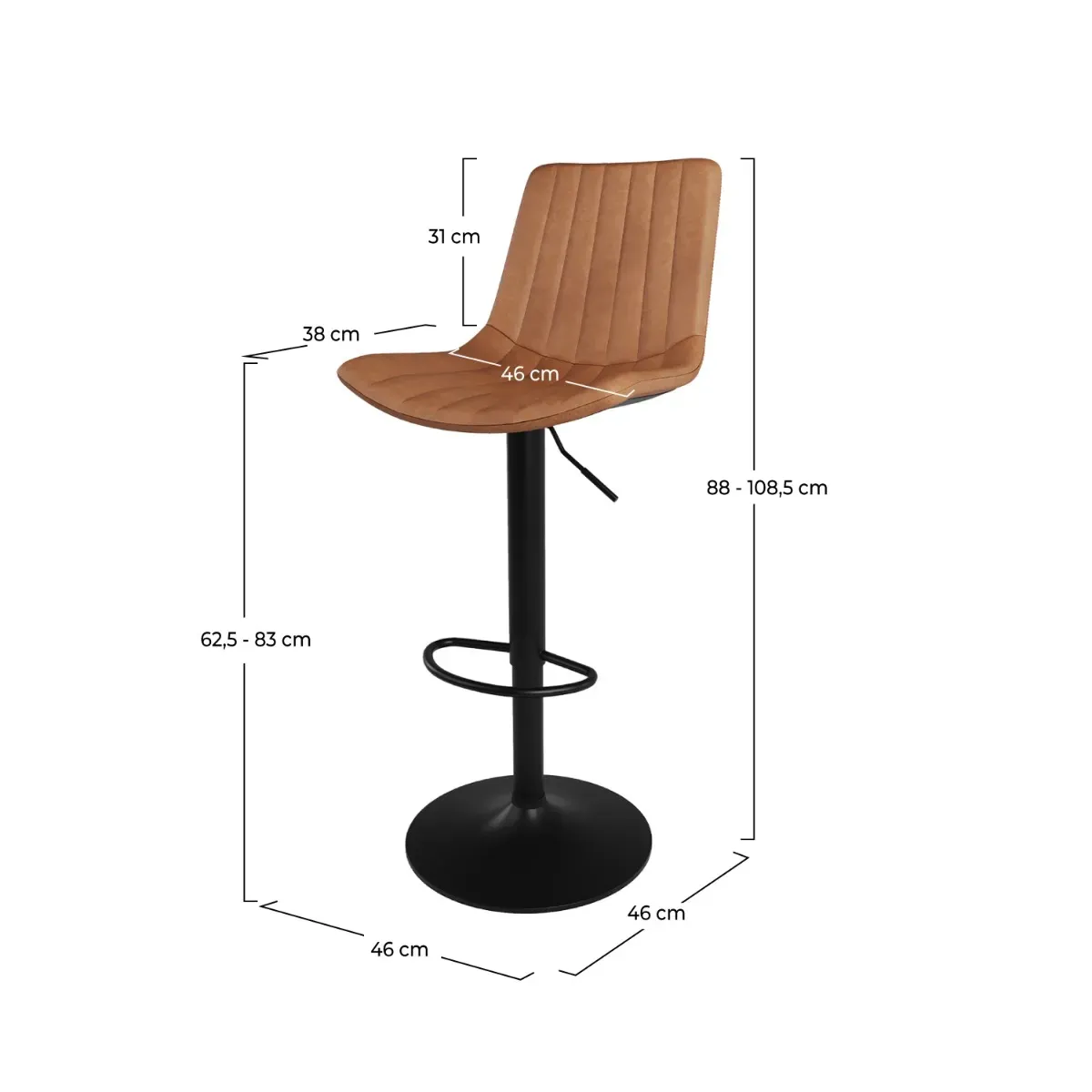 Illustration numéro 2 du produit Lot de 2 chaises de bar réglables 62,5/83 cm camel en cuir synthétique