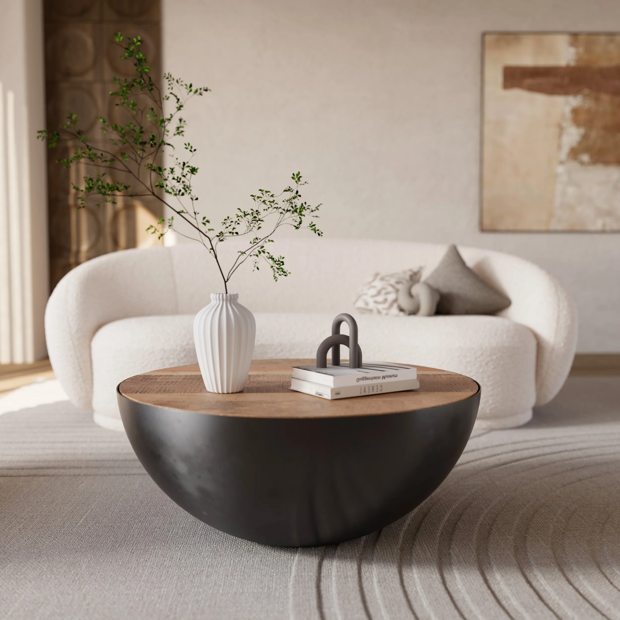 Illustration numéro 2 du produit Table basse ronde en bois massif et métal d90 cm