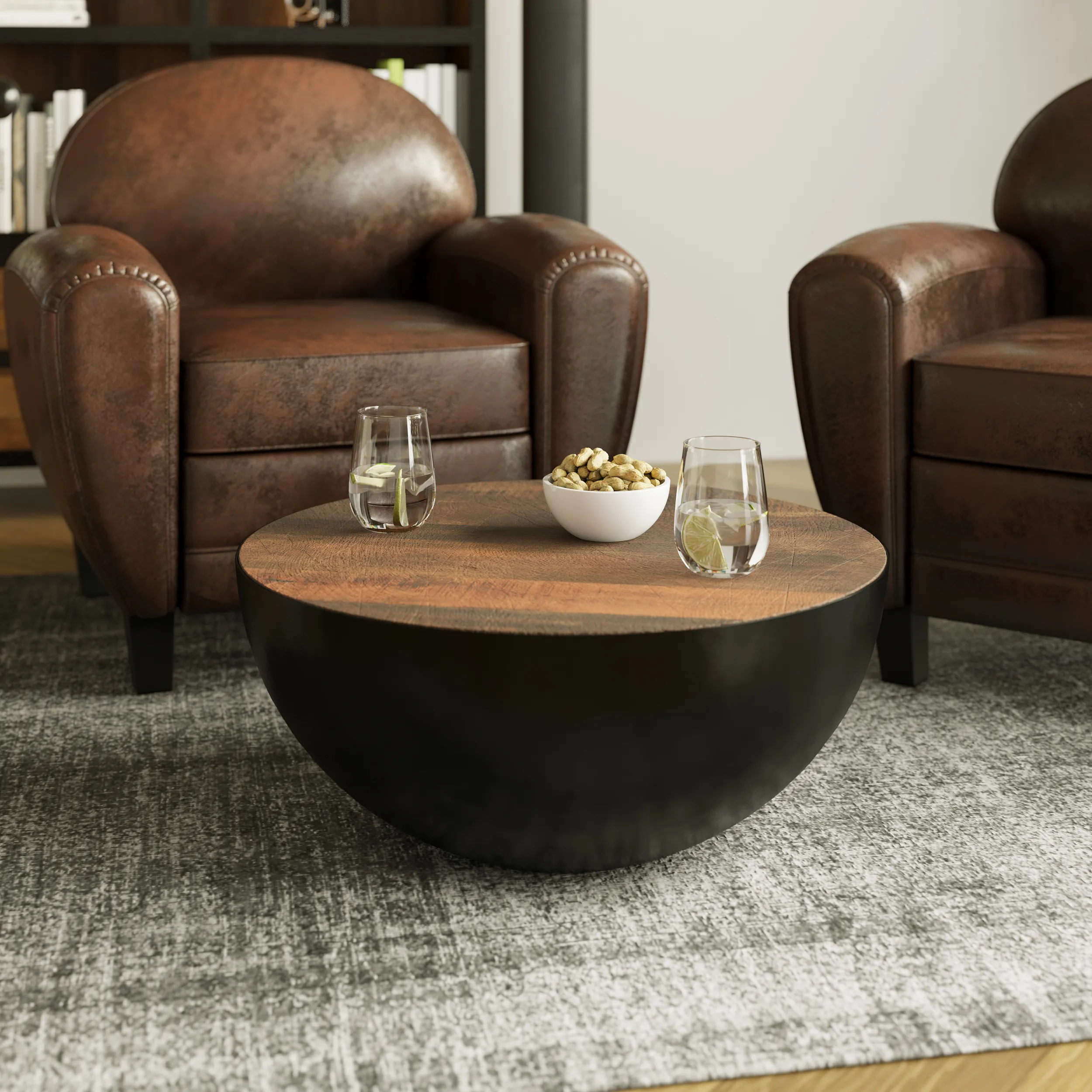 Illustration numéro 2 du produit Table basse ronde en bois massif et métal d70 cm