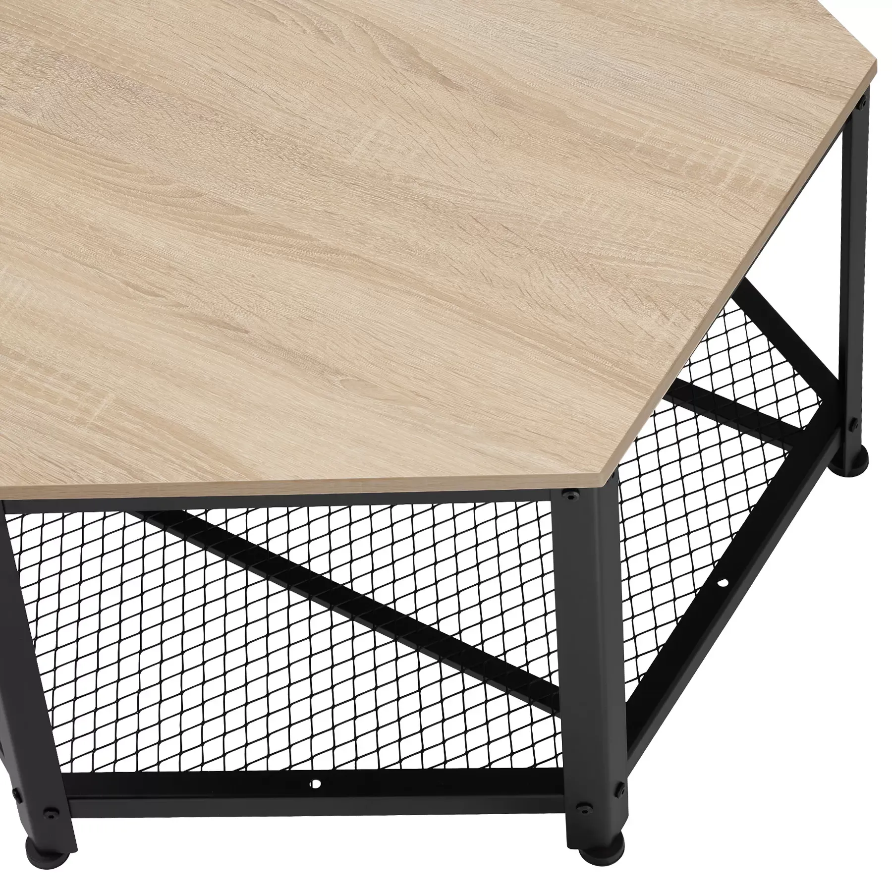 Illustration numéro 2 du produit Table basse de salon hexagonal avec étagère grillagée bois clair