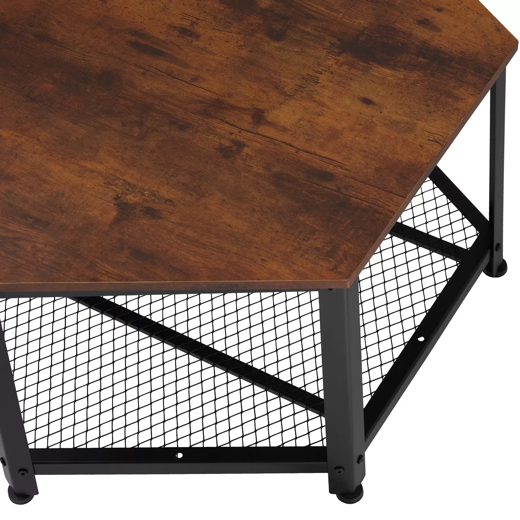Illustration numéro 2 du produit Table basse de salon hexagonal avec étagère grillagée bois foncé