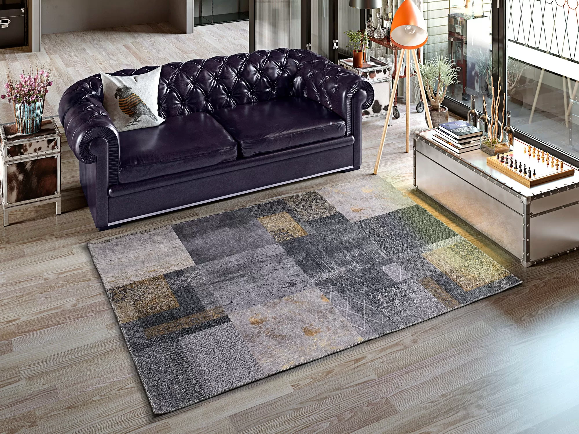 Illustration numéro 2 du produit Tapis lavable patchwork gris 80x150 cm