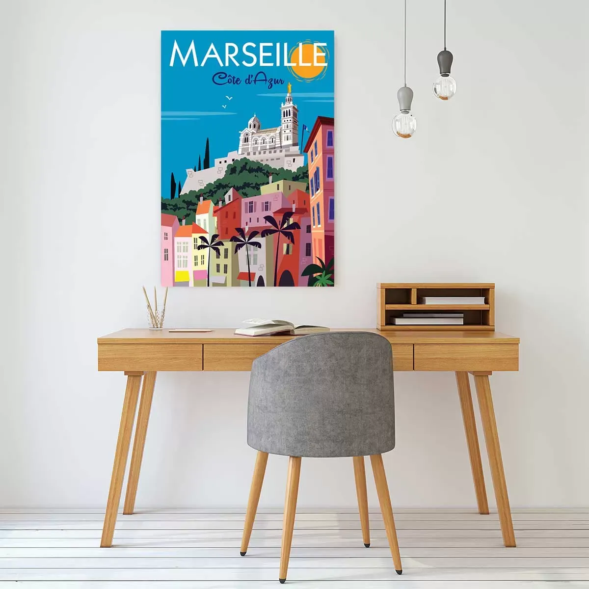 Illustration numéro 2 du produit Tableau dessin vintage Marseille imprimé sur toile 60x90 cm