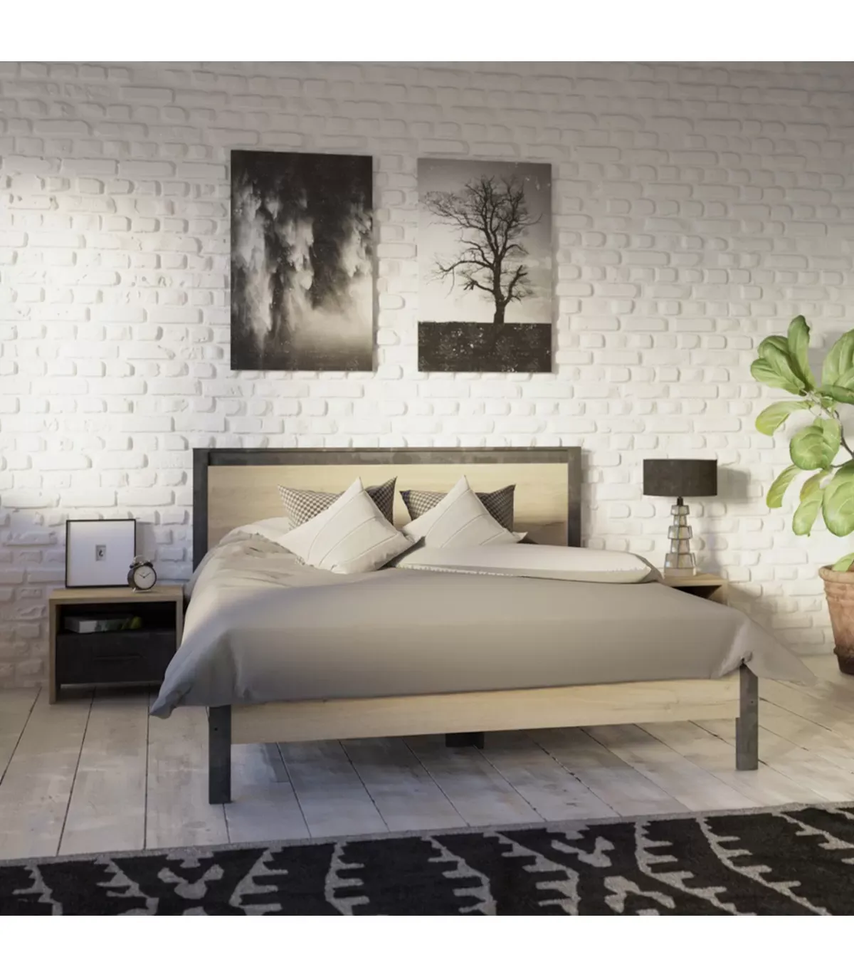 Illustration numéro 2 du produit Chevet 1 Tiroir et 1 Niche L49.6 cm  - Décor chêne et noir