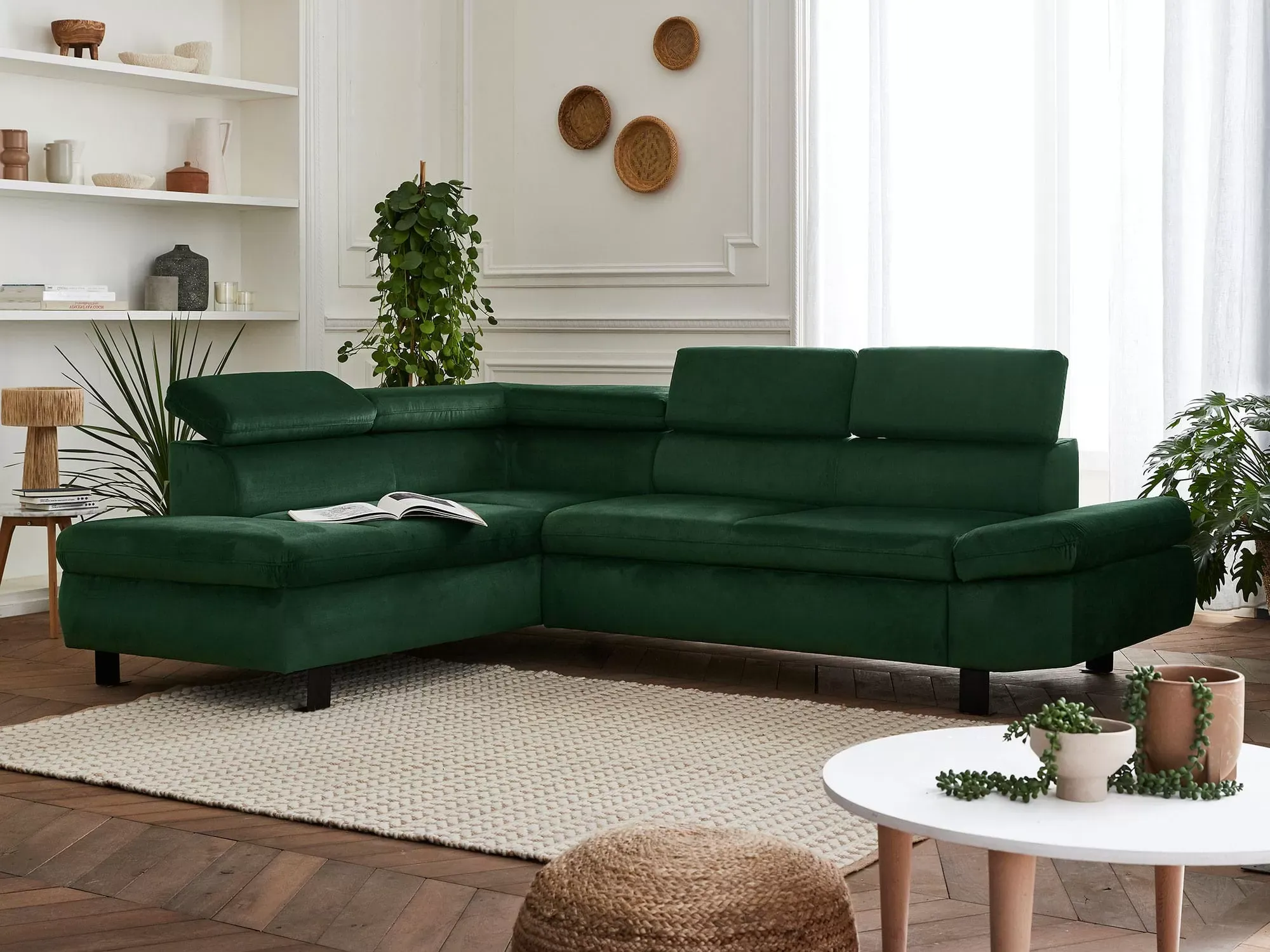 Illustration numéro 2 du produit Canapé d'angle gauche convertible 5 places en velours vert