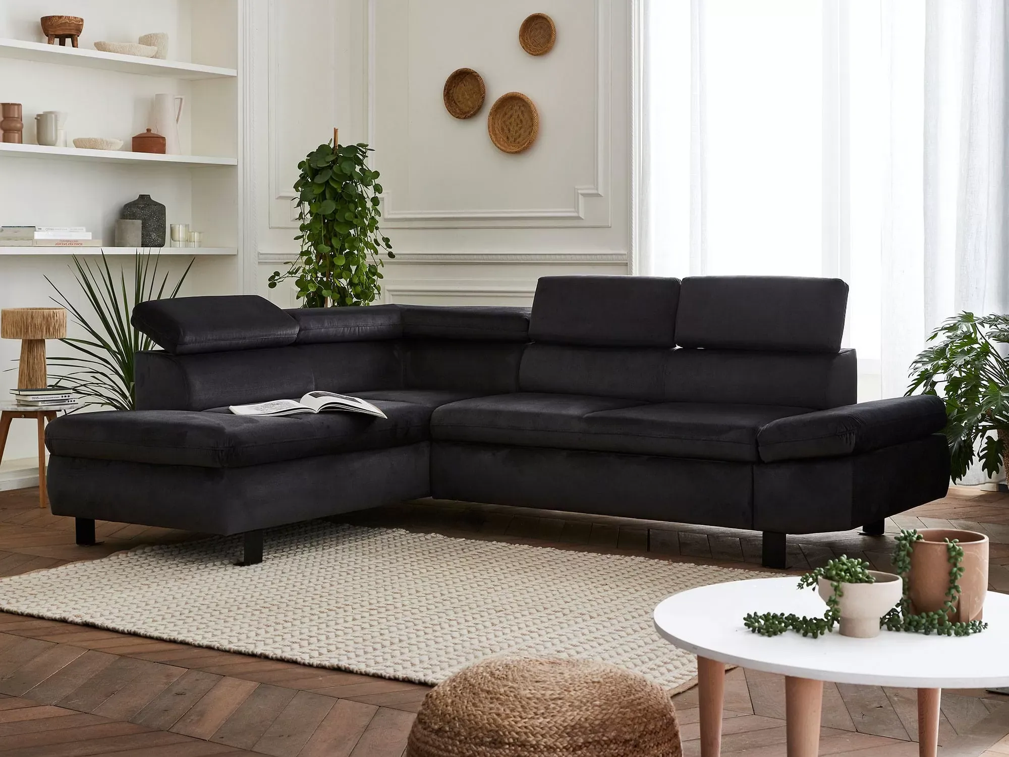 Illustration numéro 2 du produit Canapé d'angle gauche convertible 5 places en velours gris