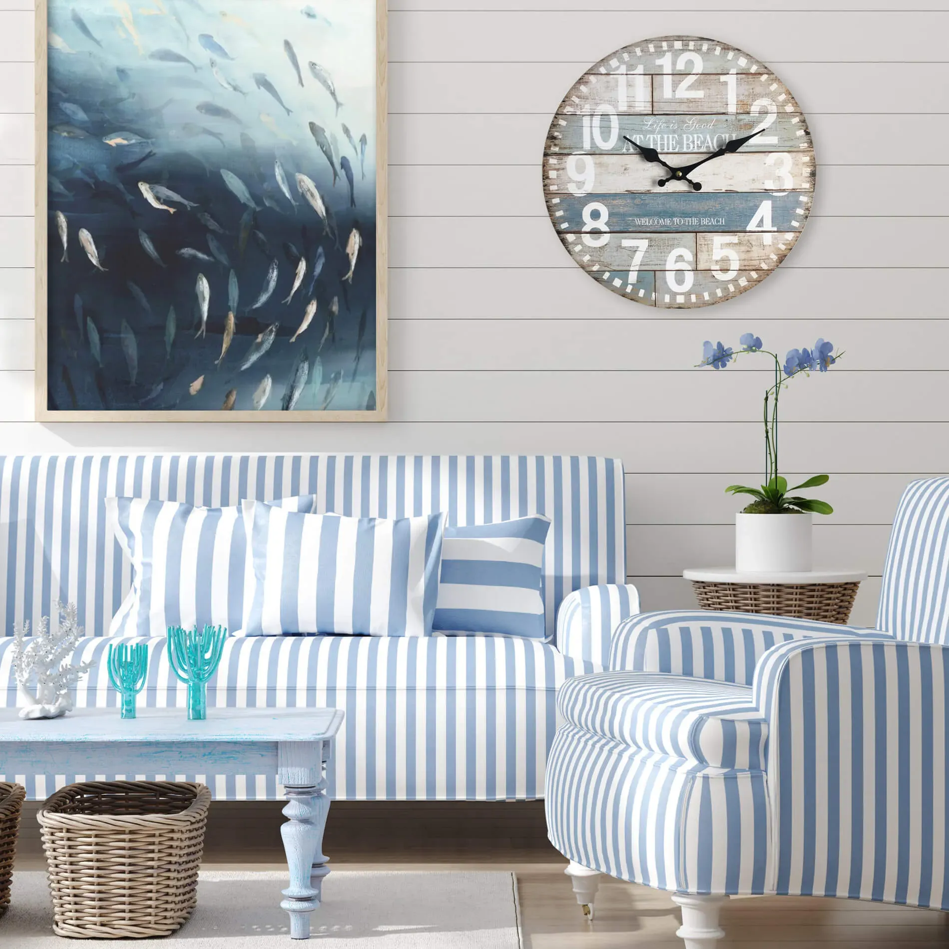 Illustration numéro 2 du produit Horloge murale effet bois bleu clair et blanc ø 33,8 cm