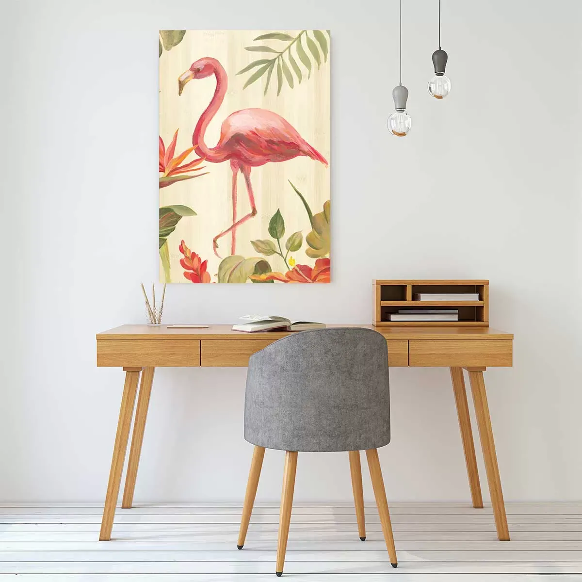 Illustration numéro 2 du produit Tableau flamant rose tropical imprimé sur toile 60x90 cm