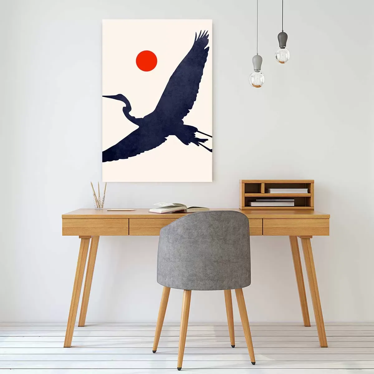 Illustration numéro 2 du produit Tableau animaux Grue au soleil levant imprimé sur toile 30x45 cm