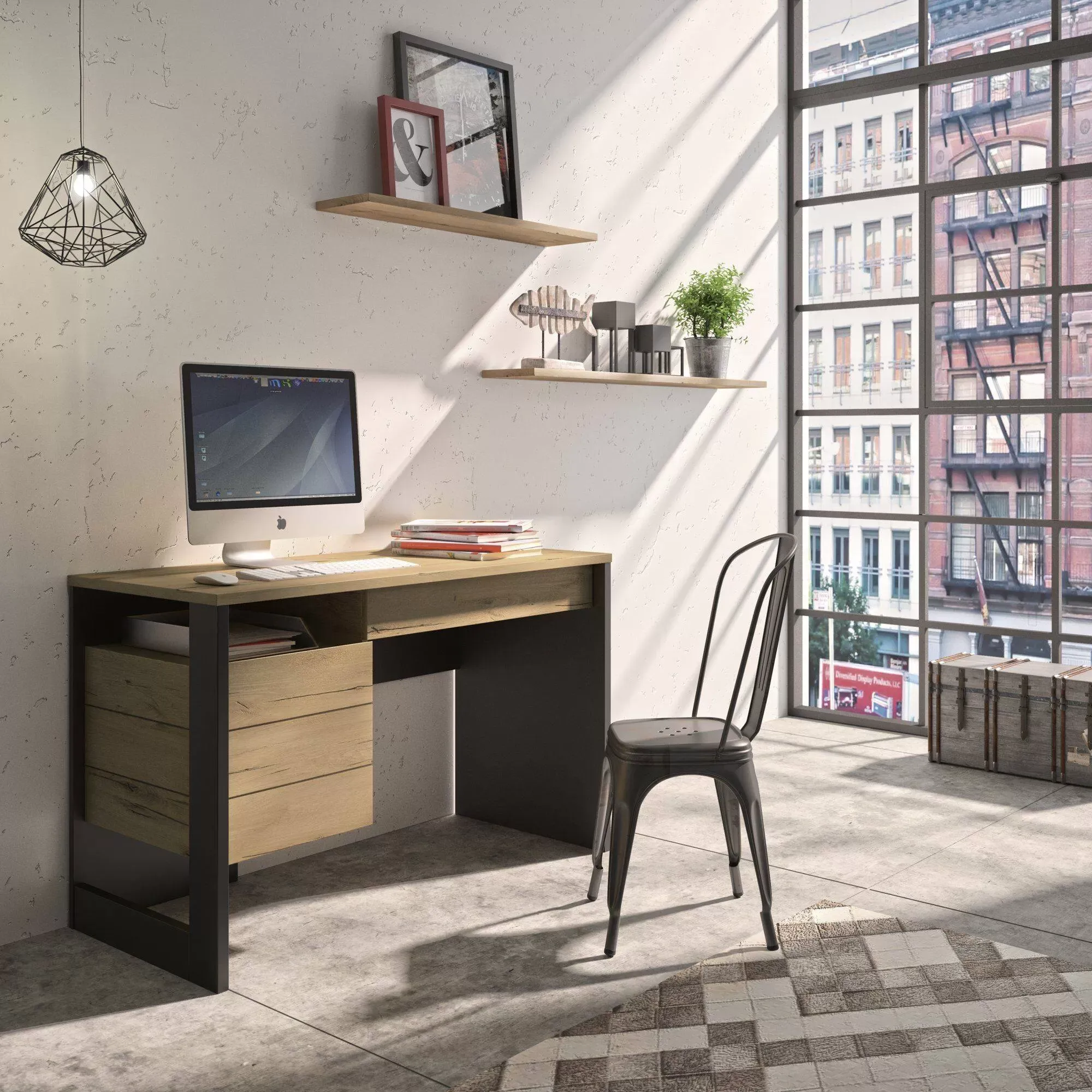 Illustration numéro 2 du produit Bureau 1 tiroir 1 porte effet bois et noir