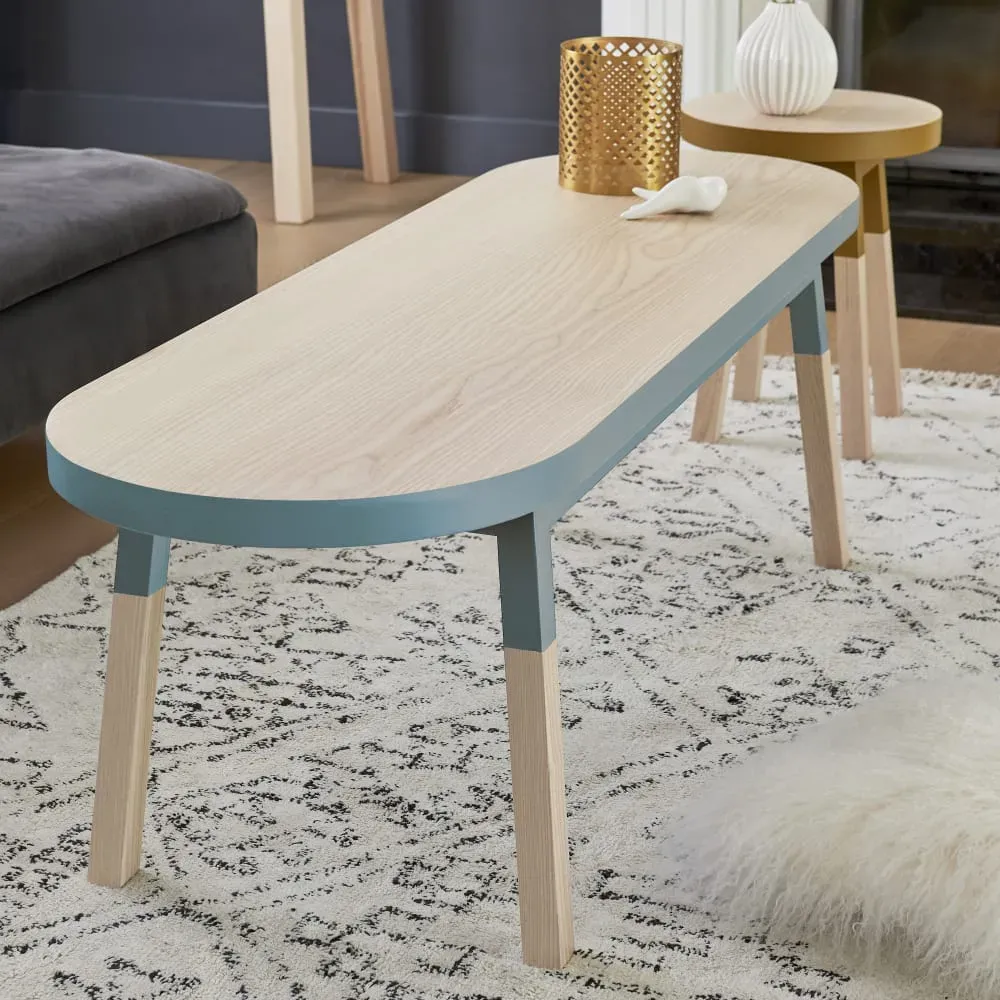 Illustration numéro 2 du produit Table basse banc 140 cm, 100% frêne massif bleu gris lehon
