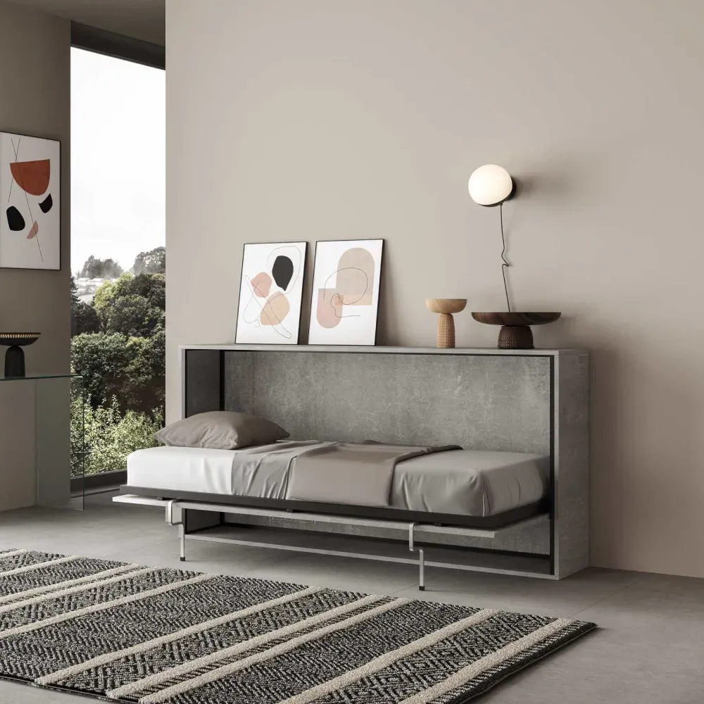 Illustration numéro 2 du produit Lit escamotable horizontal 1 couchage effet bois gris béton
