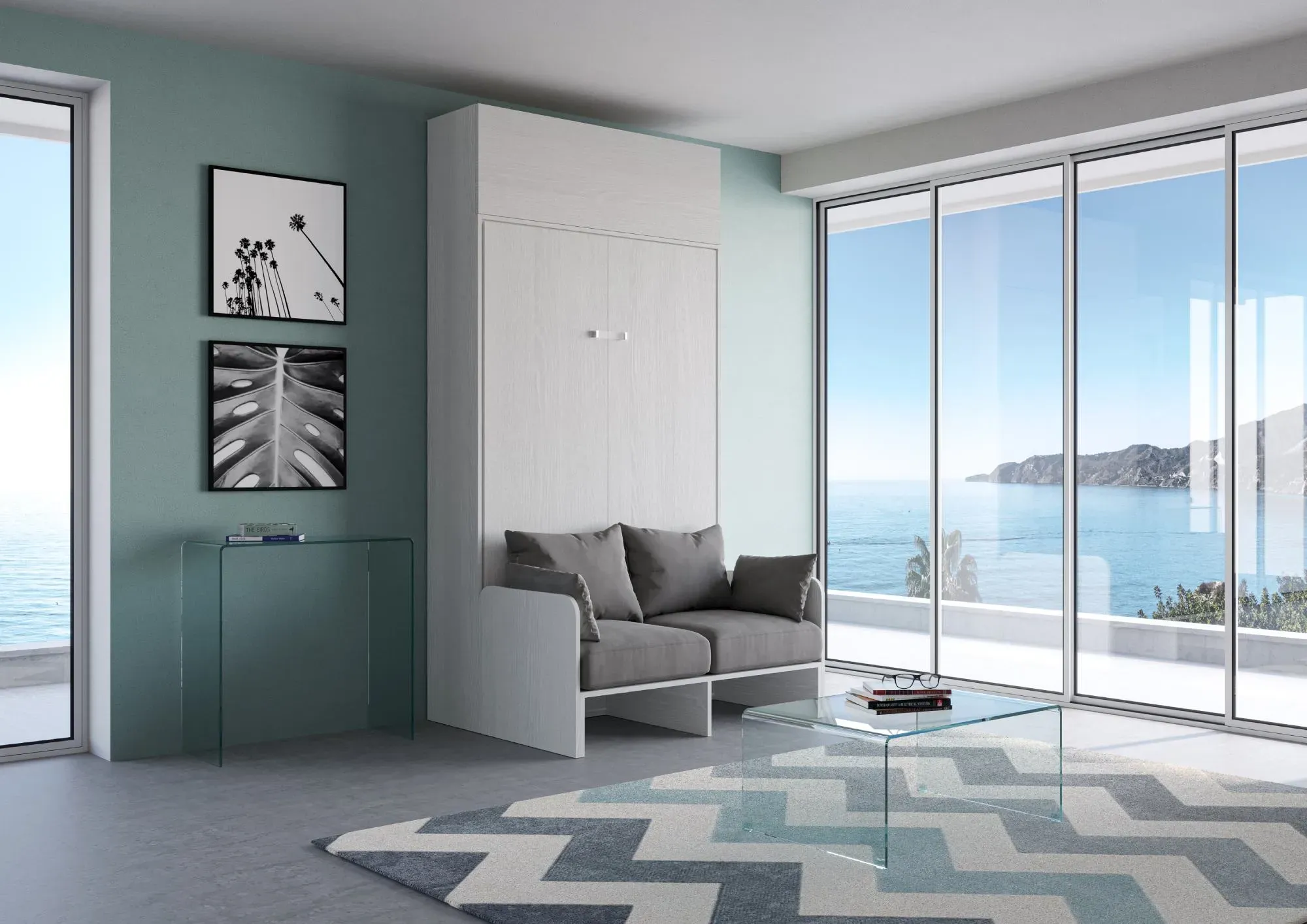 Illustration numéro 2 du produit Lit escamotable vertical 140 av.èlèment haut effet bois frêne blanc