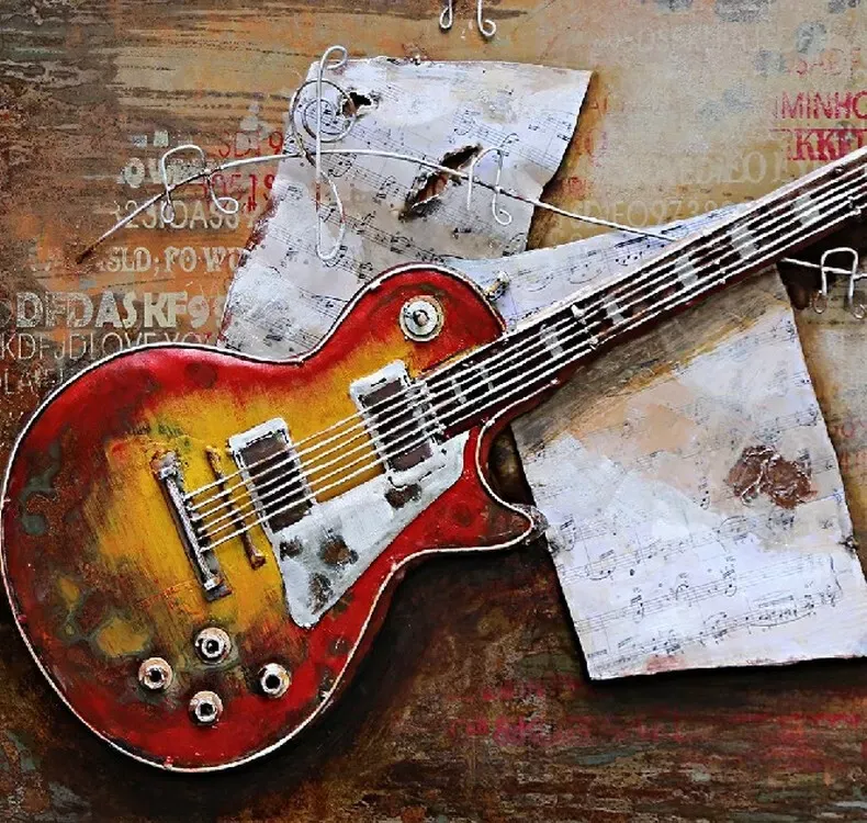 Illustration numéro 2 du produit Tableau relief en métal guitare colorée 120x80