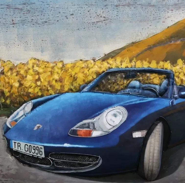 Illustration numéro 2 du produit Tableau relief en métal porsche à la campagne 120x80