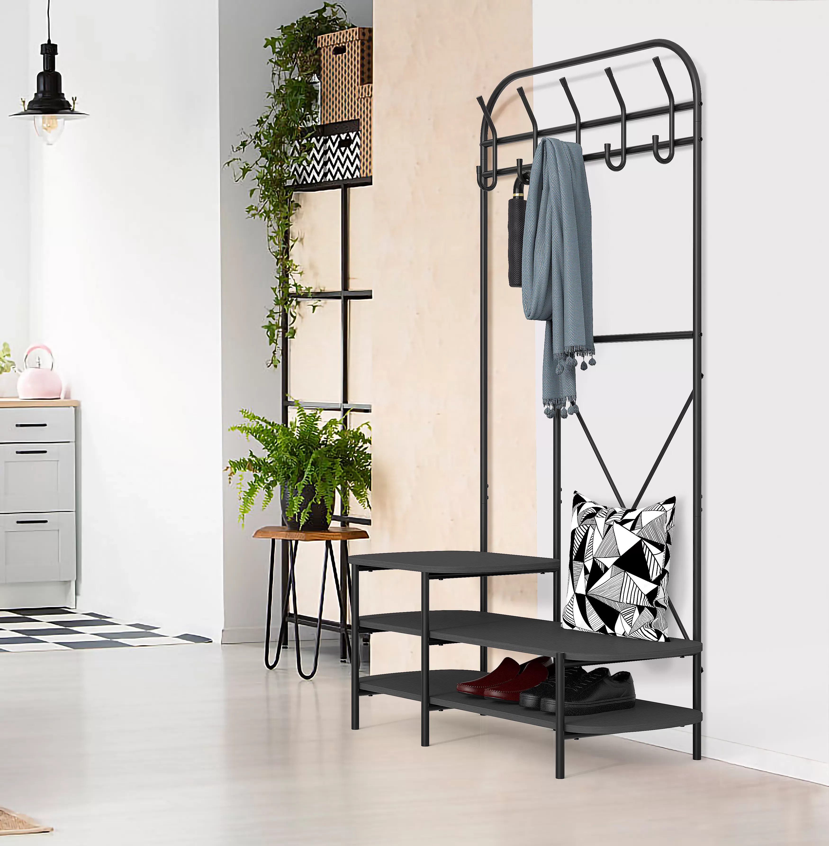 Illustration numéro 2 du produit Vestiaire d'entrée style industriel avec plateaux en bois noir