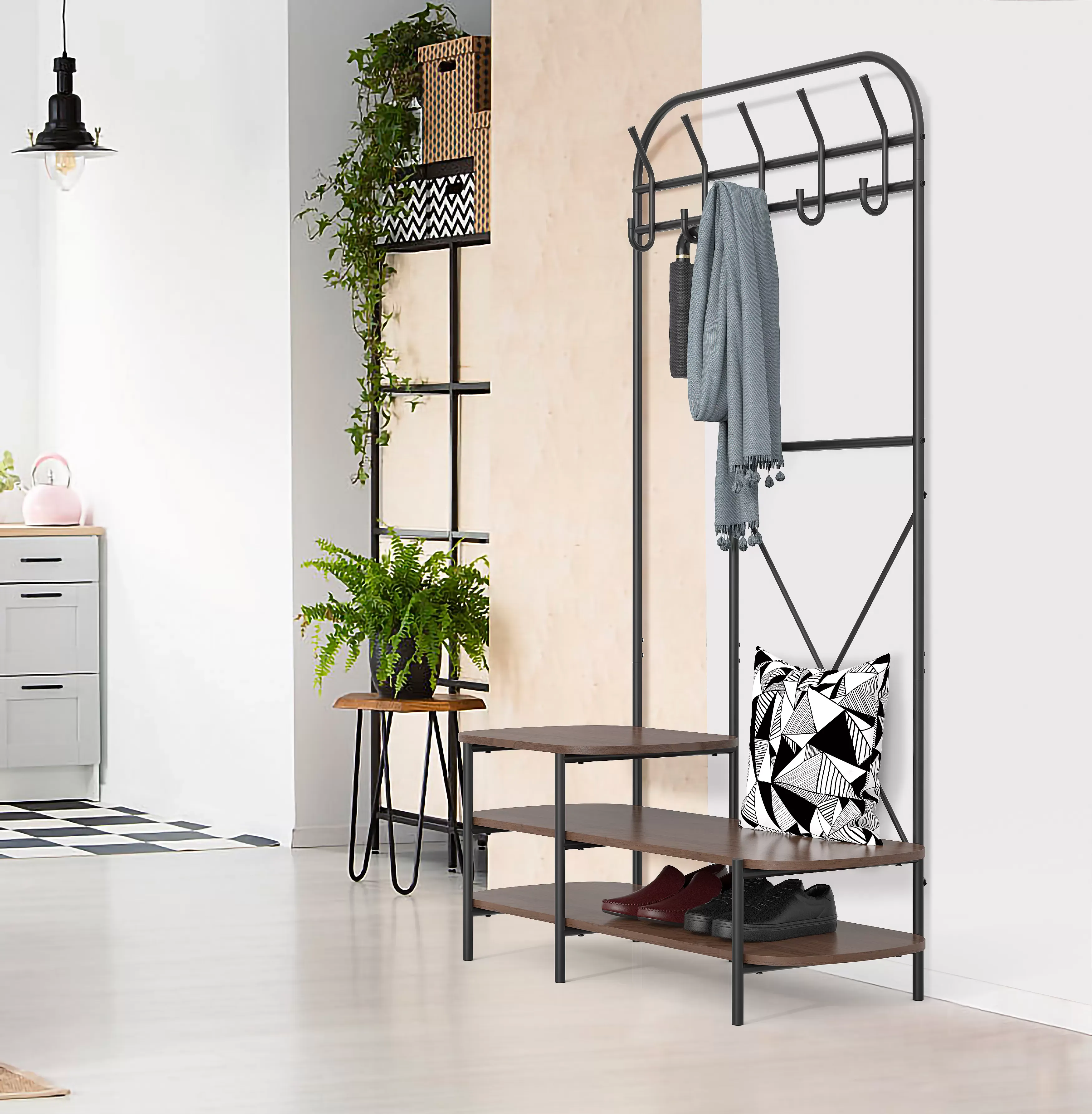 Illustration numéro 2 du produit Vestiaire d'entrée style industriel avec plateaux en bois marron