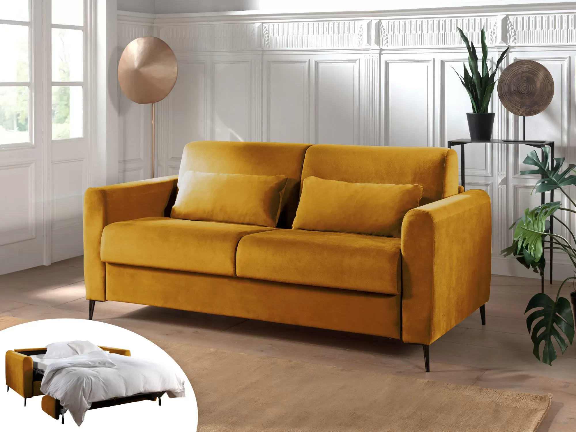 Illustration numéro 2 du produit Canapé droit convertible 3 places en velours jaune