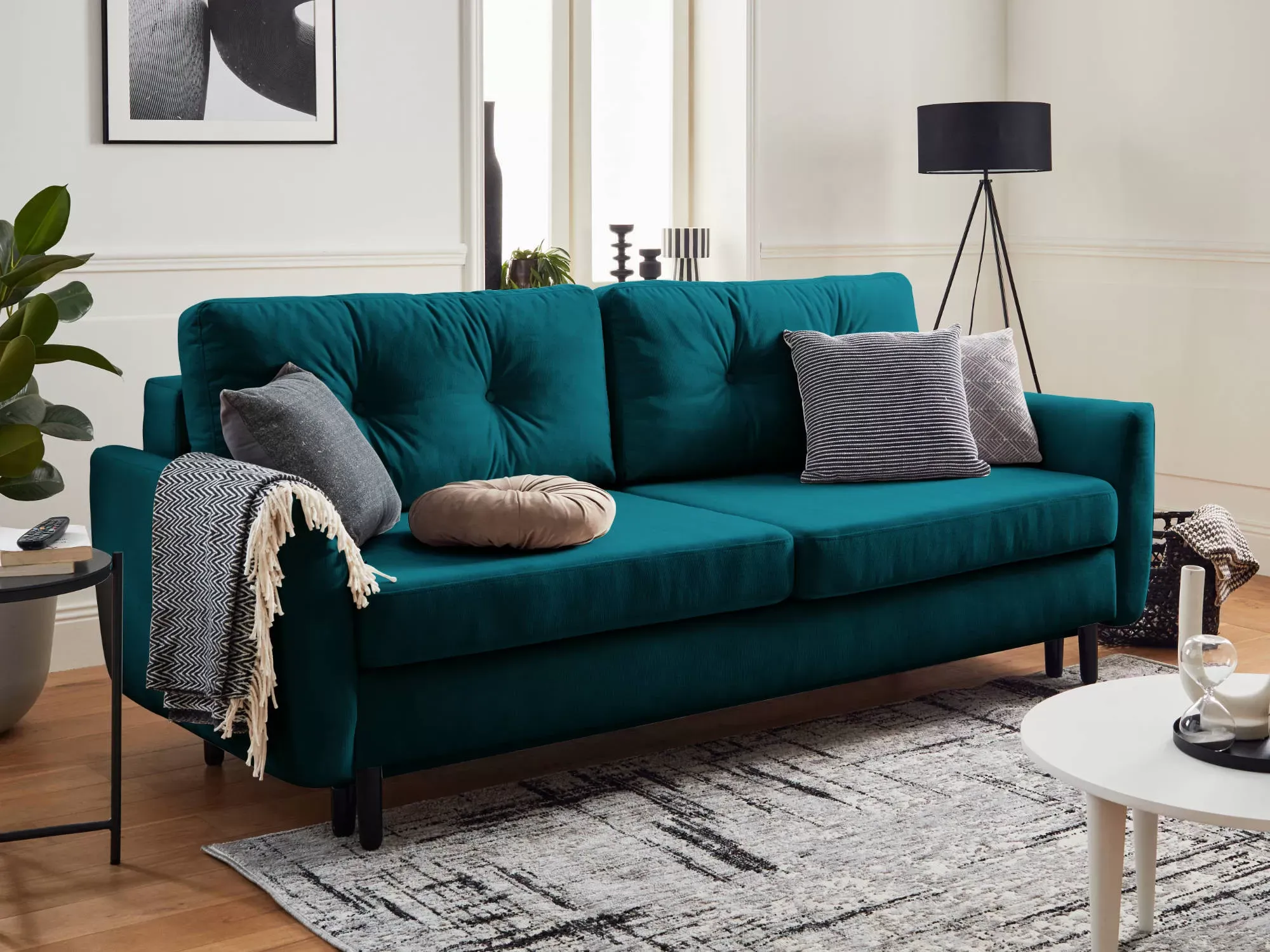 Illustration numéro 2 du produit Canapé droit convertible 3 places en velours bleu canard