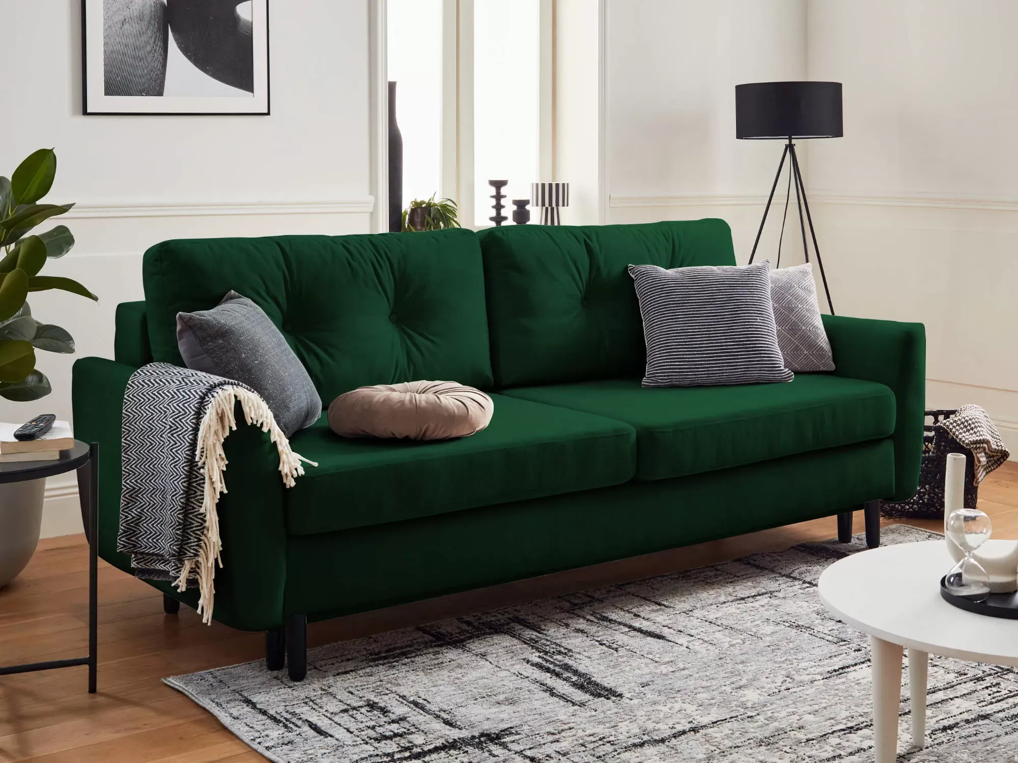 Illustration numéro 2 du produit Canapé droit convertible 3 places en velours vert