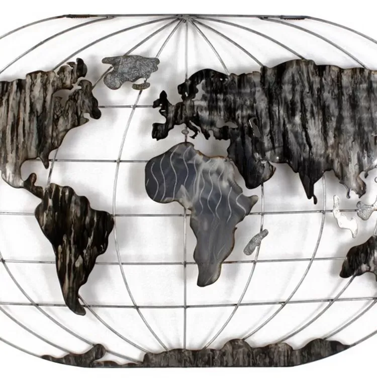 Illustration numéro 2 du produit Décoration murale en métal planisphère gris 120x75x6