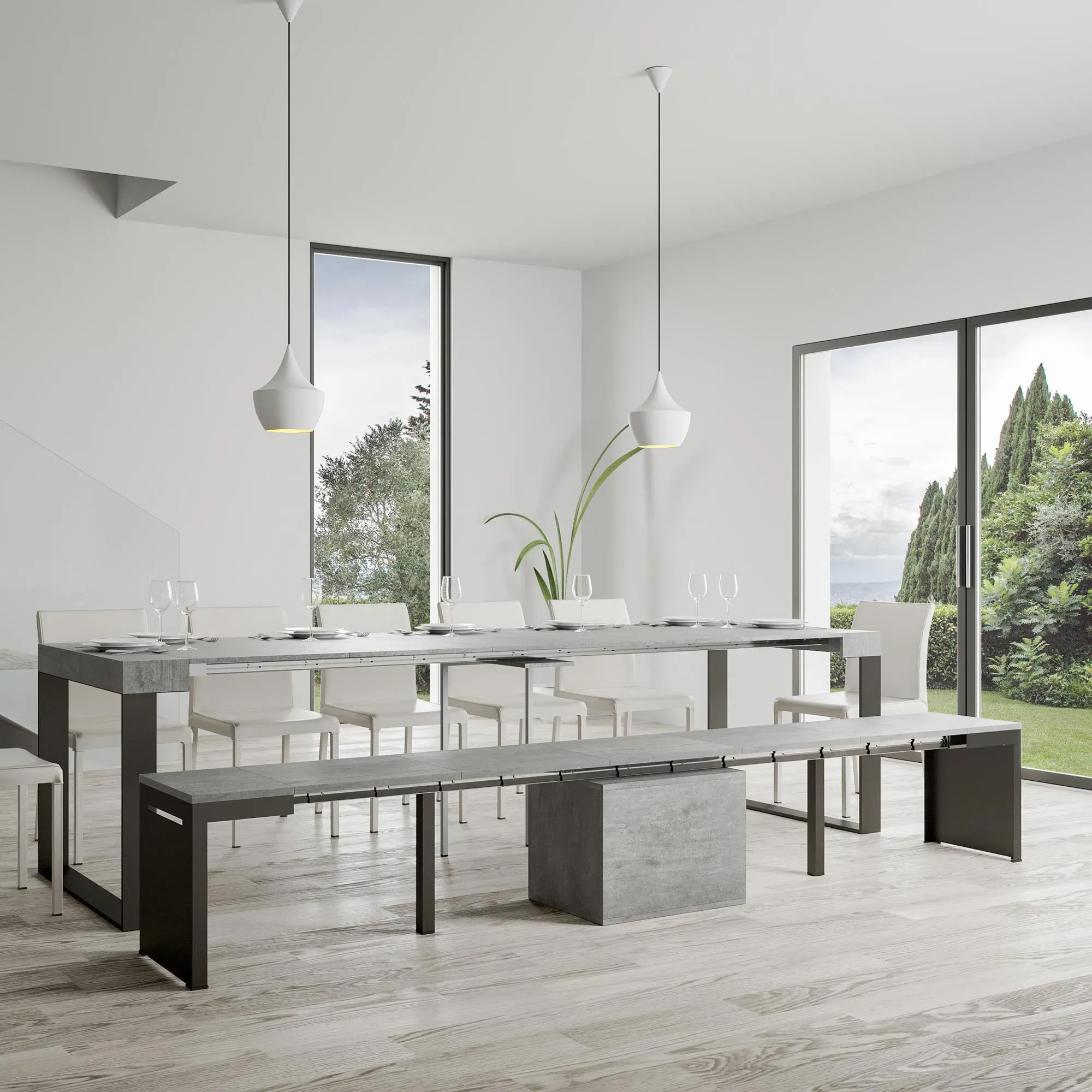 Illustration numéro 2 du produit Banc extensible 55x40/305 effet bois gris béton rallonges internes