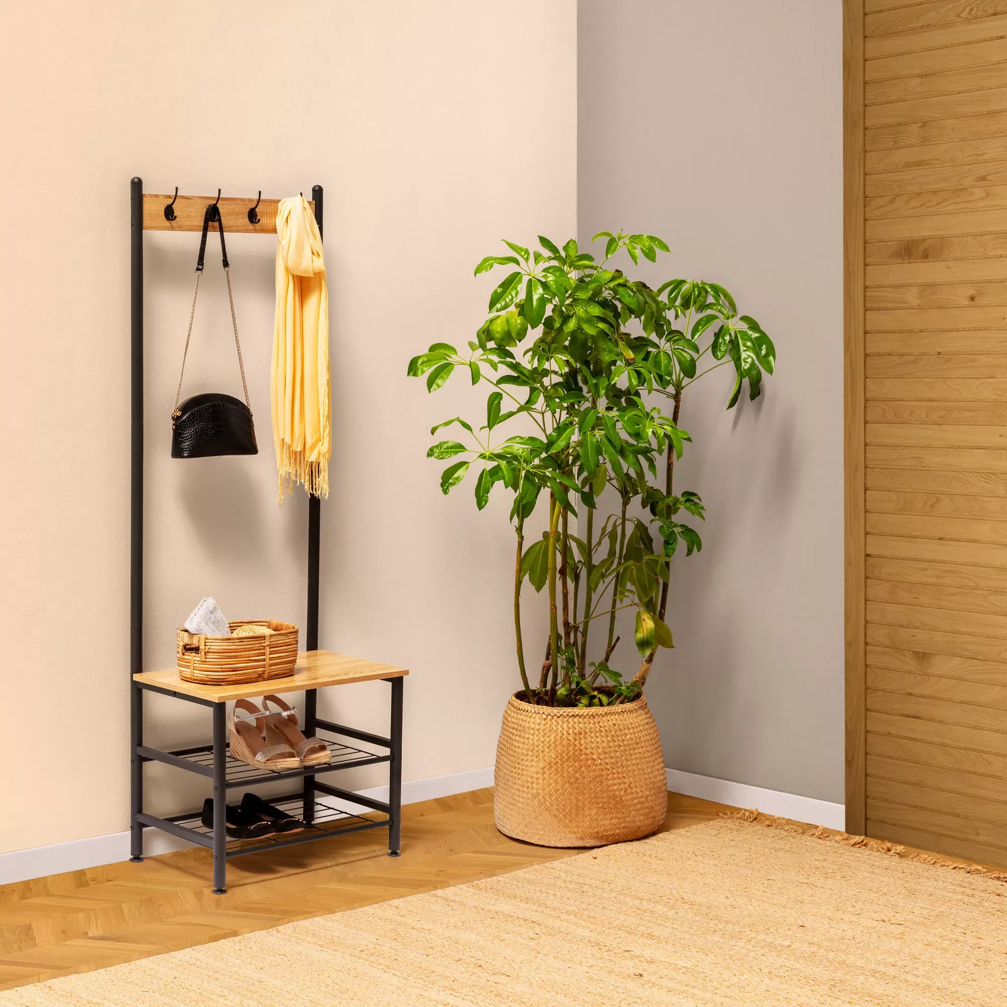 Illustration numéro 2 du produit Portemanteau avec étagère avec banc 2 étagères, couleur chêne/noir