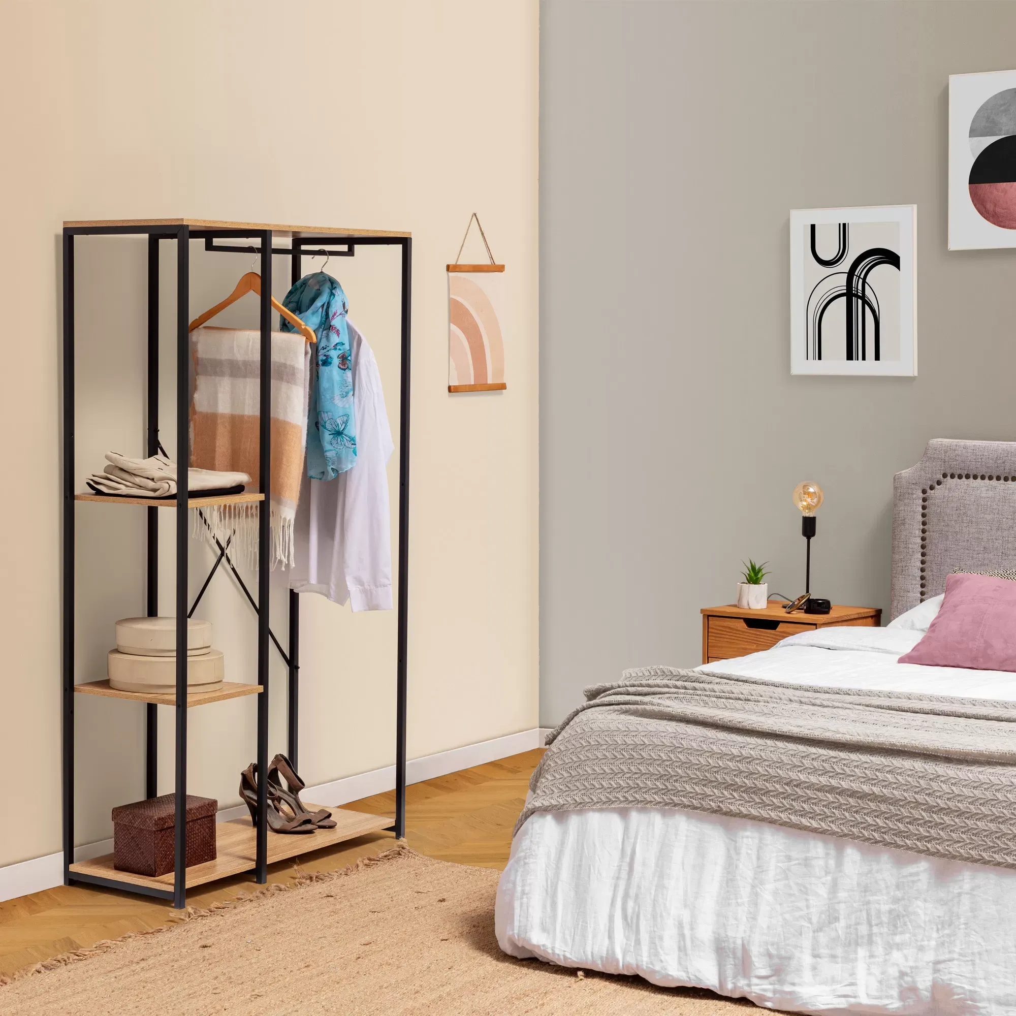 Illustration numéro 2 du produit Portemanteau avec étagère avec banc 3 étagères, couleur chêne/noir