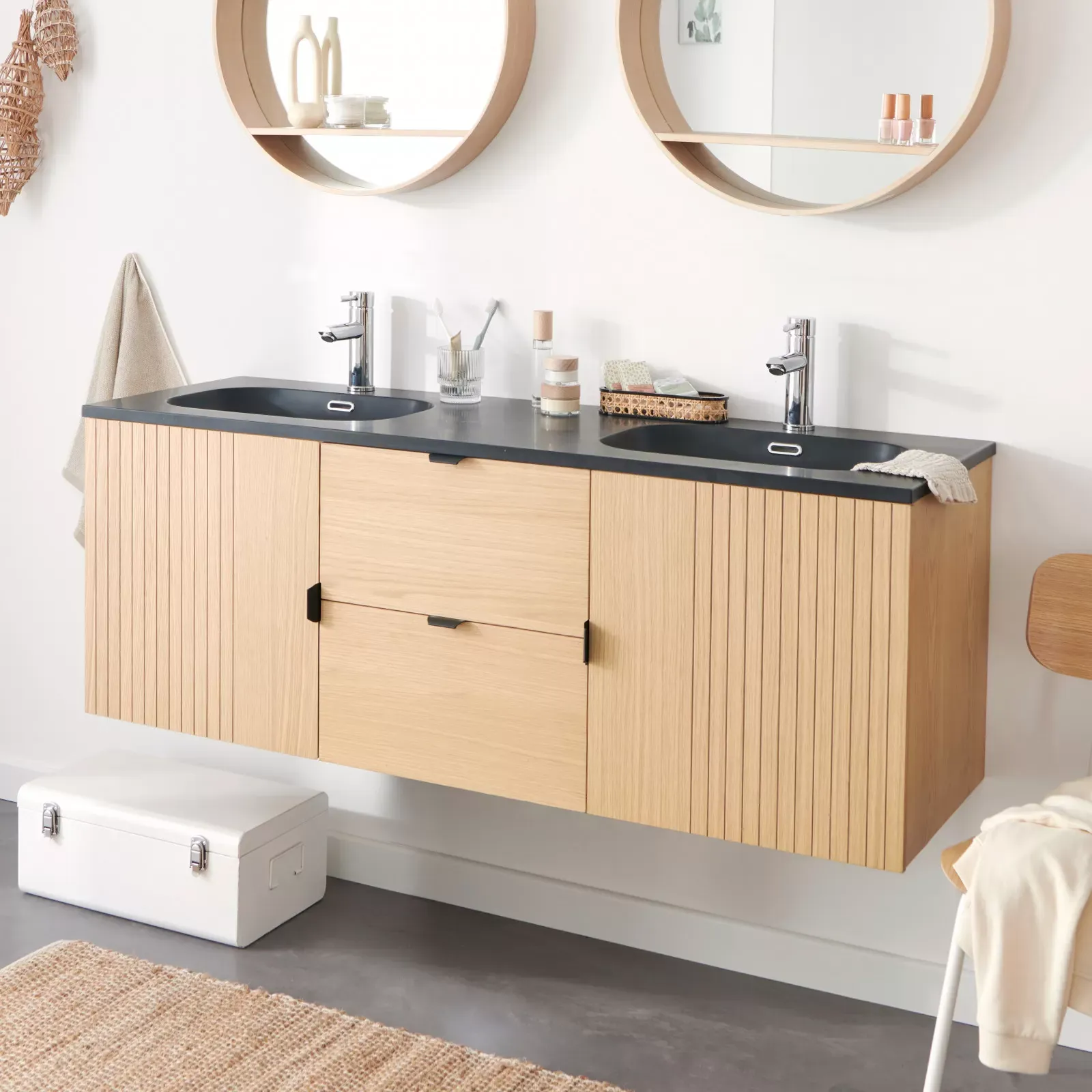 Illustration numéro 2 du produit Meuble double 140cm chêne  suspendu avec plan résine