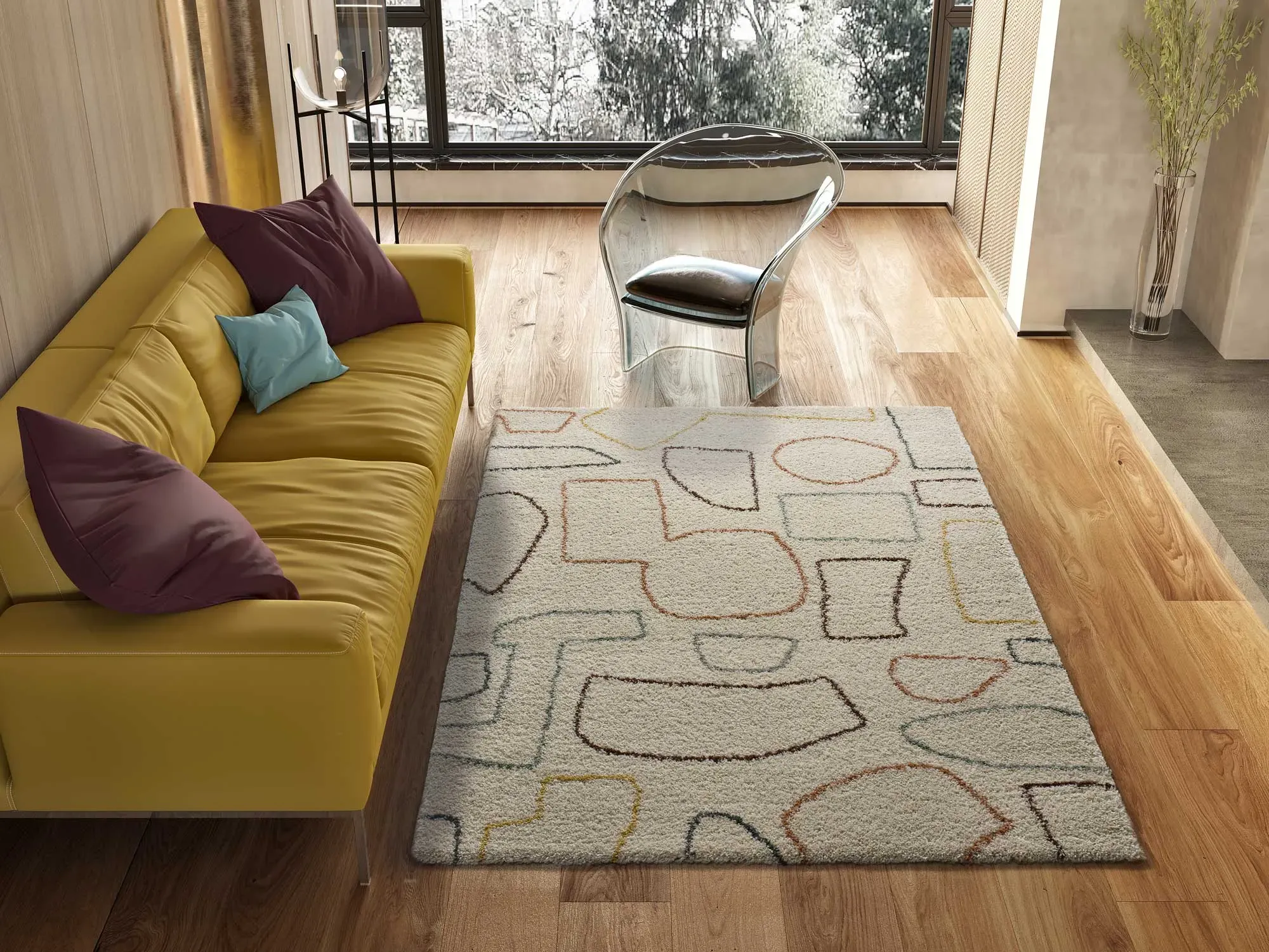 Illustration numéro 2 du produit Tapis shaggy scandinave beige/multicolore 80x150 cm