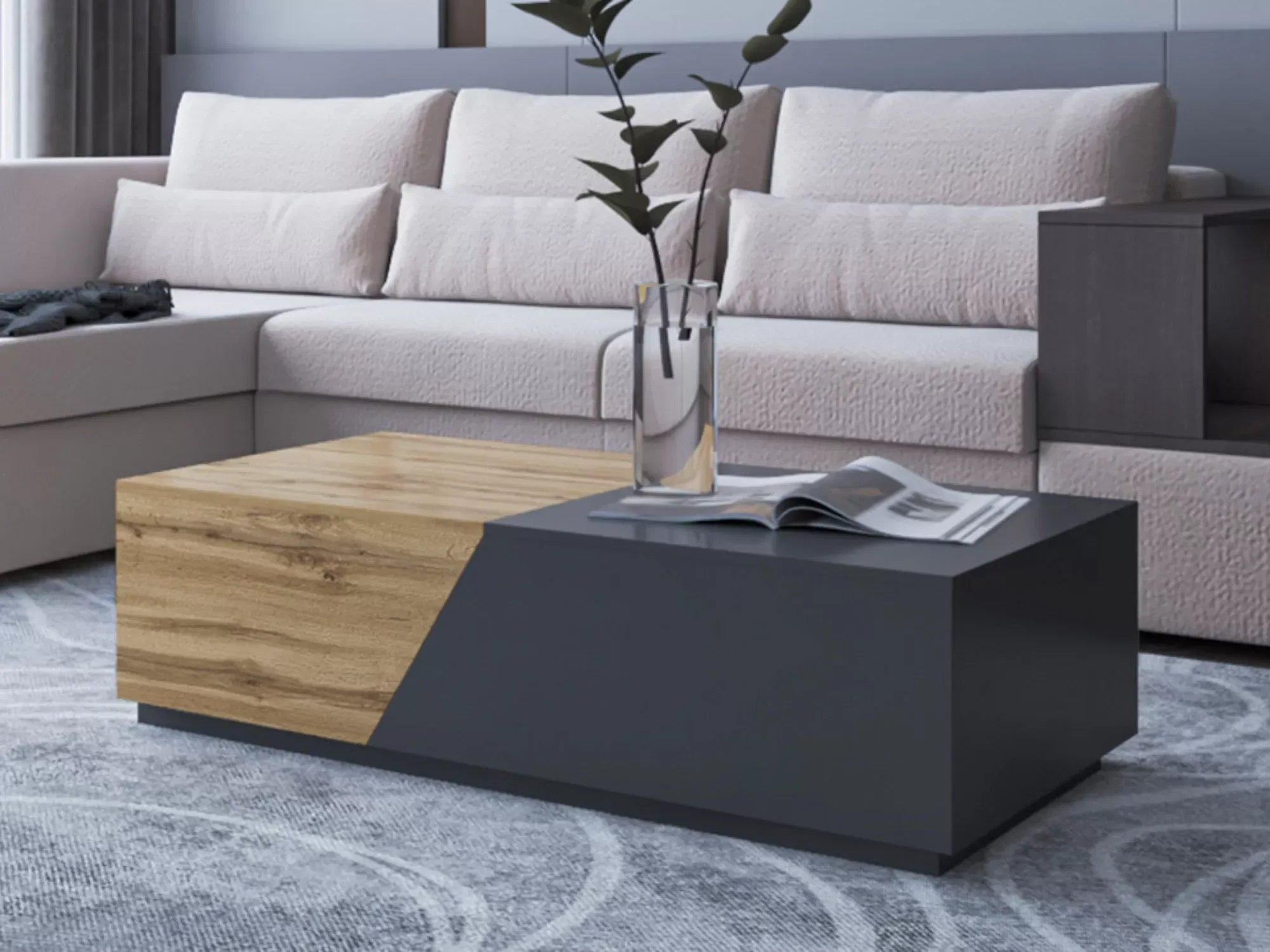 Illustration numéro 2 du produit Table basse style industriel 124 cm bois / gris