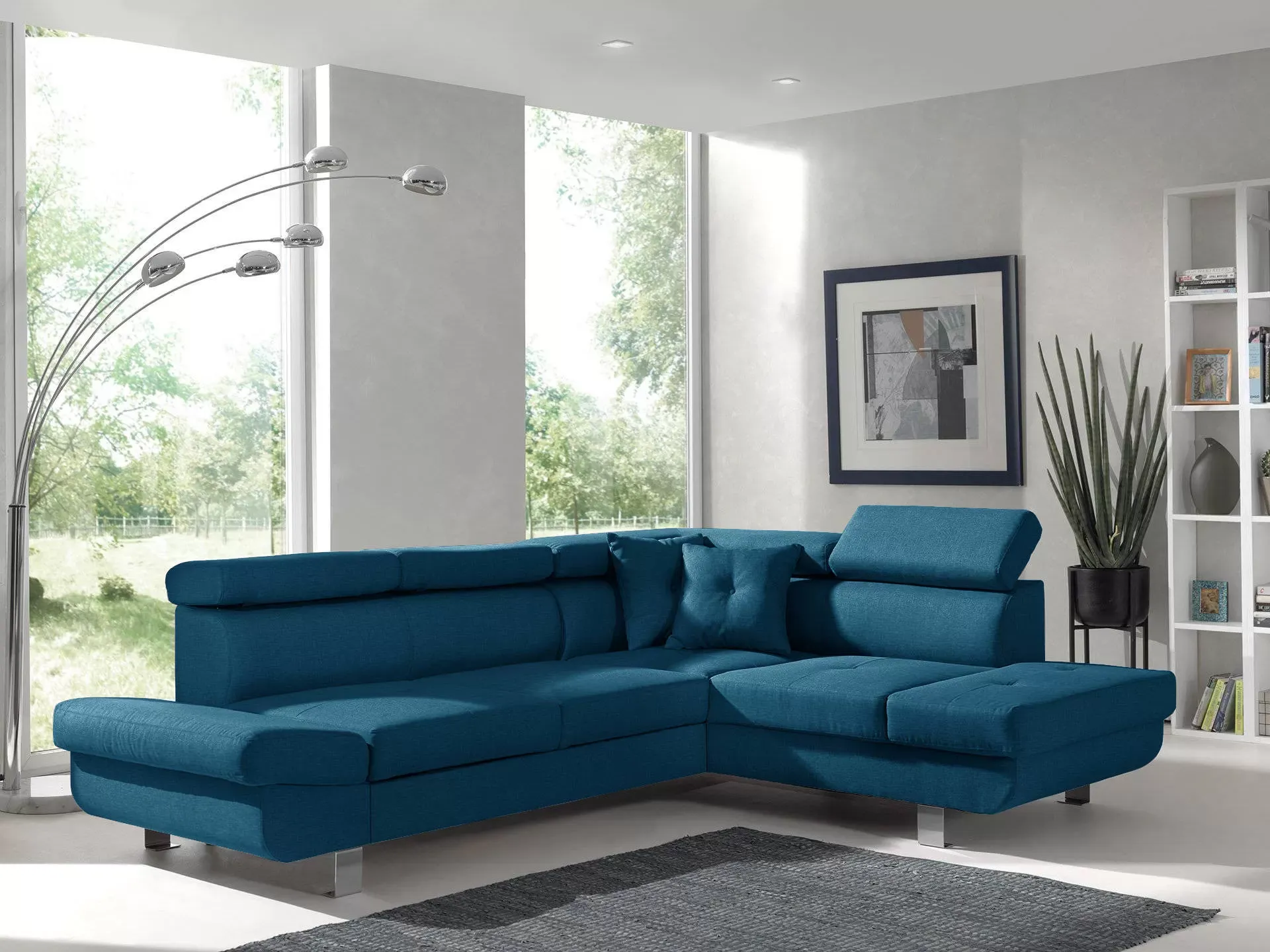 Illustration numéro 2 du produit Canapé d'angle droit convertible 5 places en tissu bleu canard