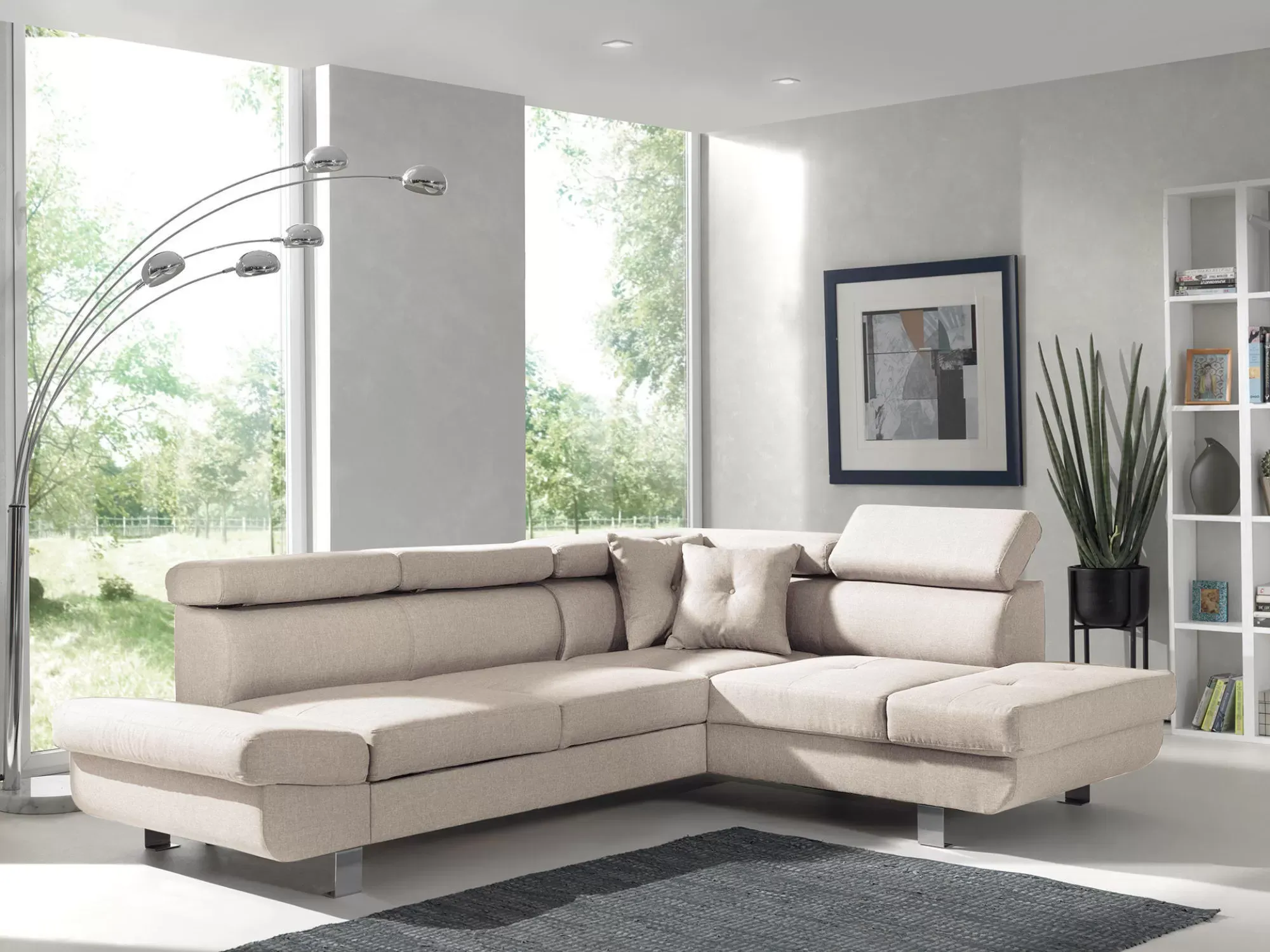 Illustration numéro 2 du produit Canapé d'angle droit convertible 5 places en tissu beige