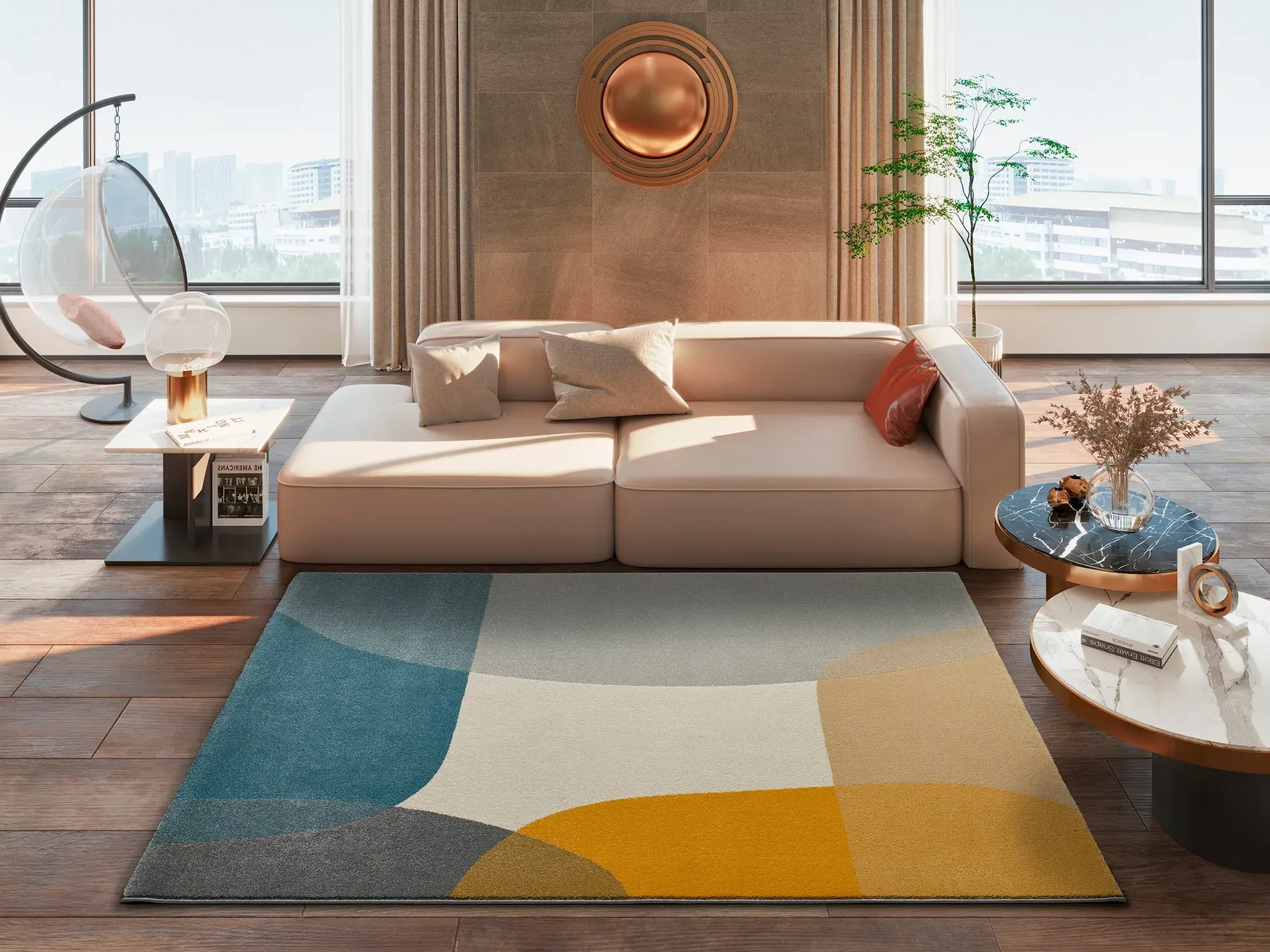 Illustration numéro 2 du produit Tapis formes en écru, moutarde et bleu 140x200 cm