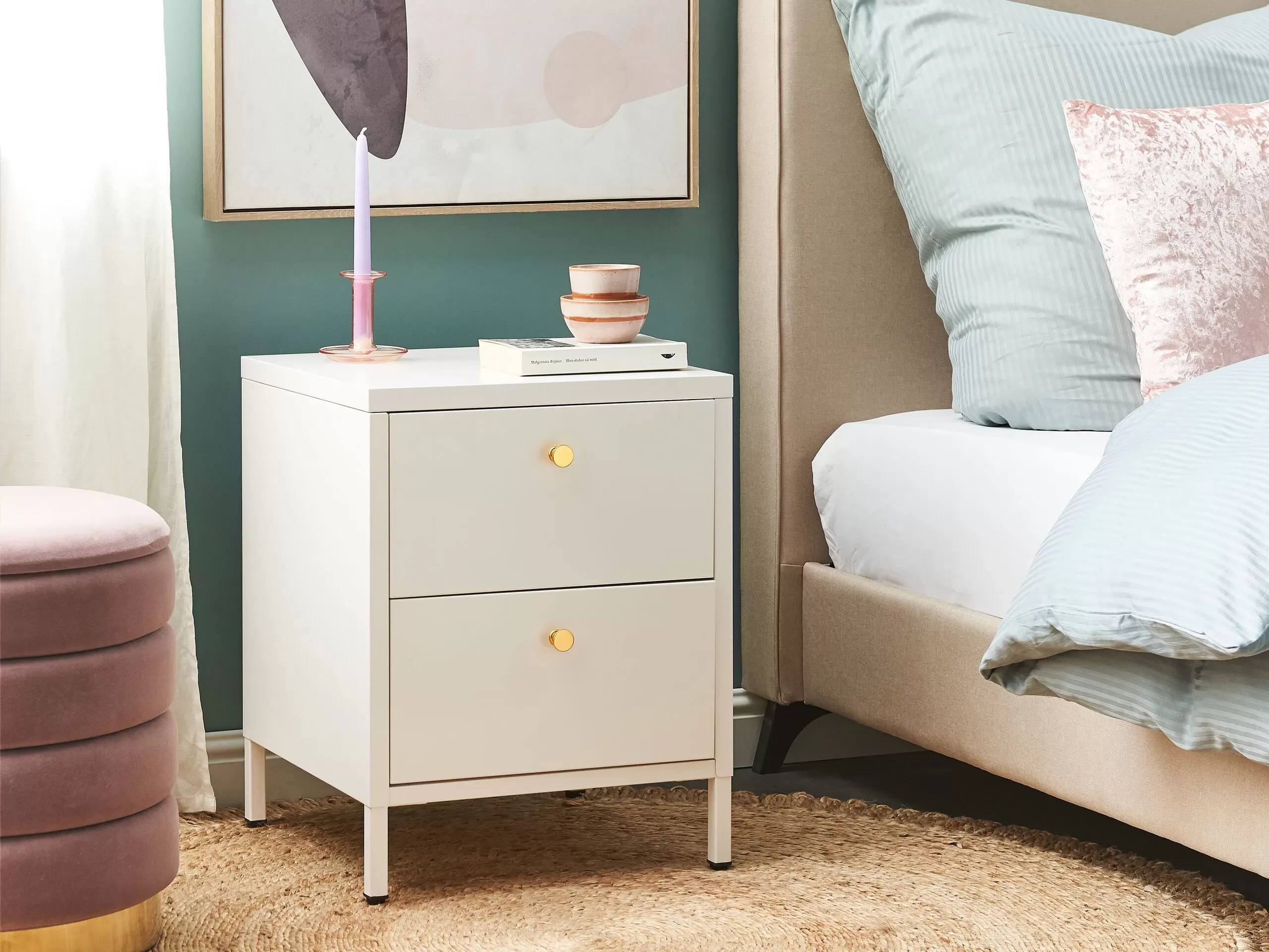Illustration numéro 2 du produit Table de nuit à 2 tiroirs métal blanc