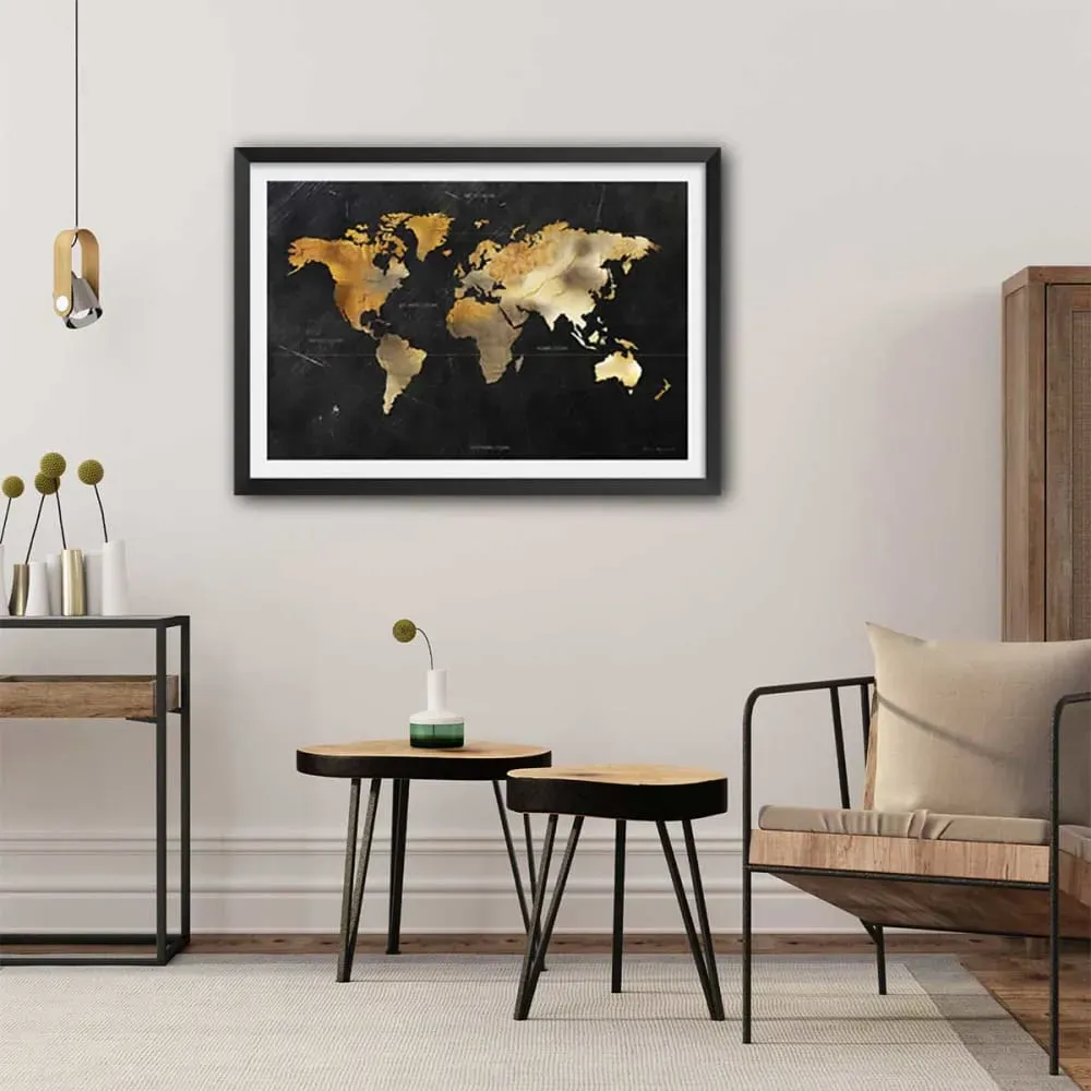 Illustration numéro 2 du produit Affiche carte du monde dorée avec cadre noir 30x20 cm