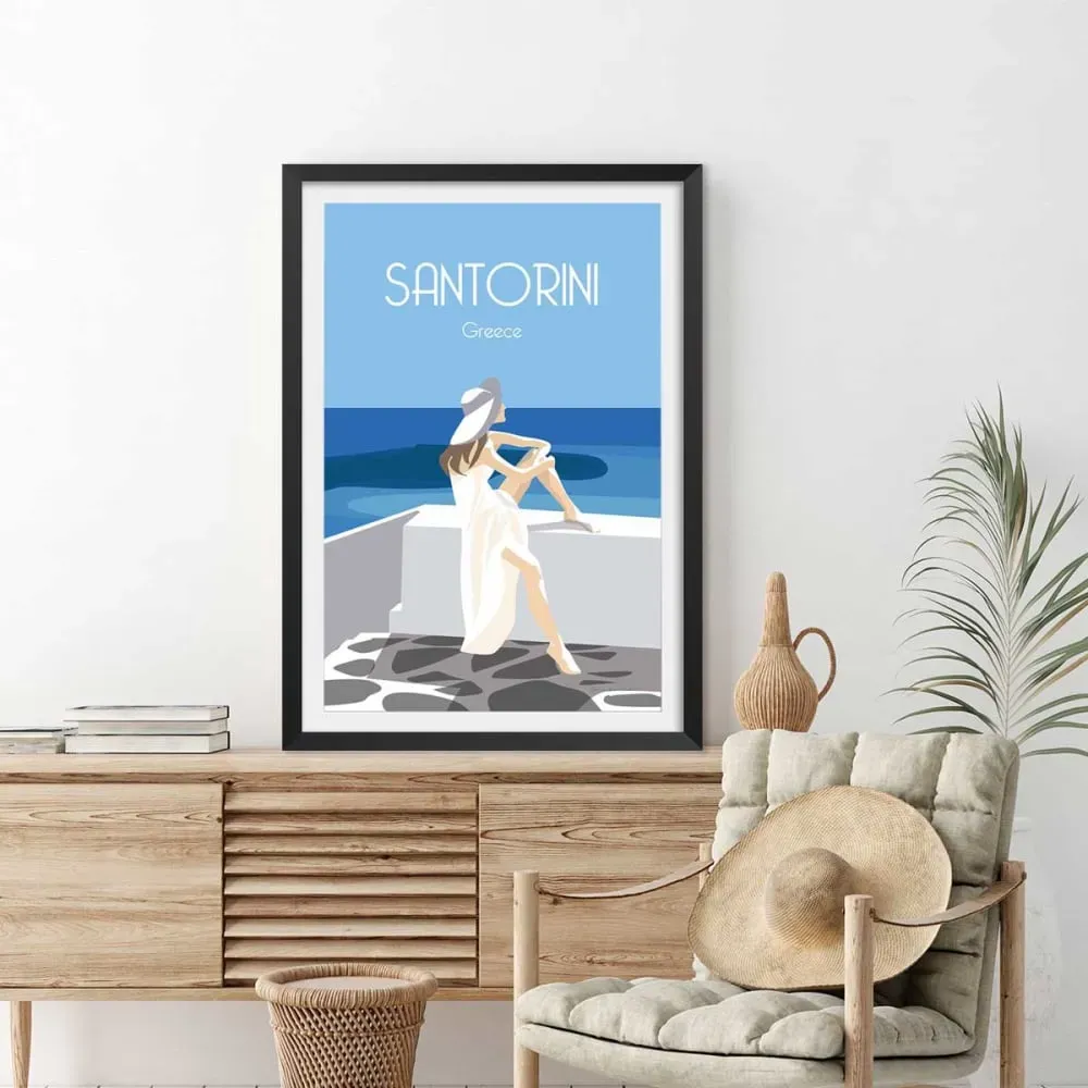 Illustration numéro 2 du produit Affiche voyage le bleu de Santorin avec cadre noir 40x60  cm