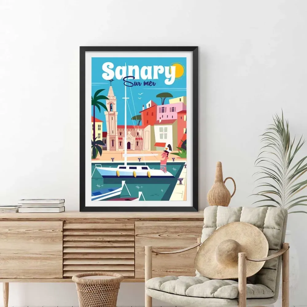 Illustration numéro 2 du produit Affiche vacances à Sanary avec cadre noir 60x90 cm