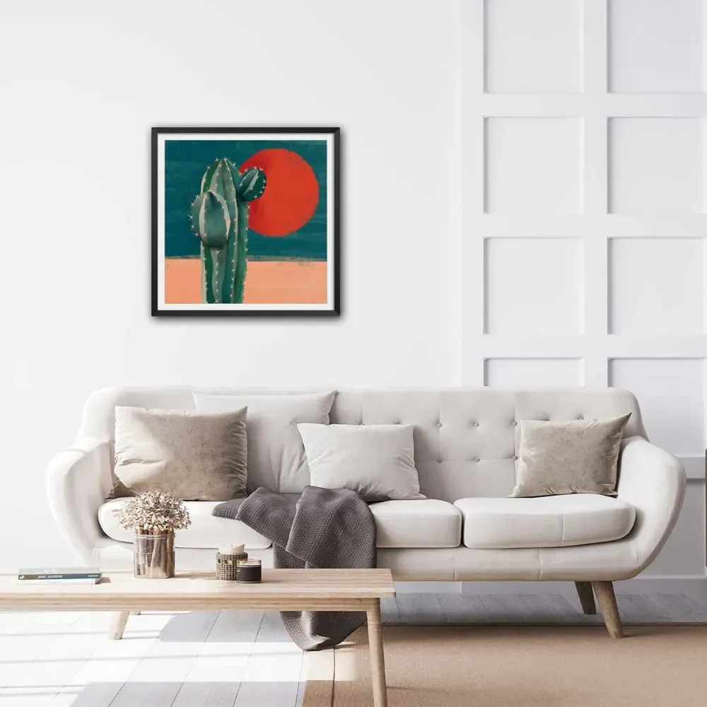 Illustration numéro 2 du produit Affiche illustration cactus et soleil rouge avec cadre noir 30x30 cm