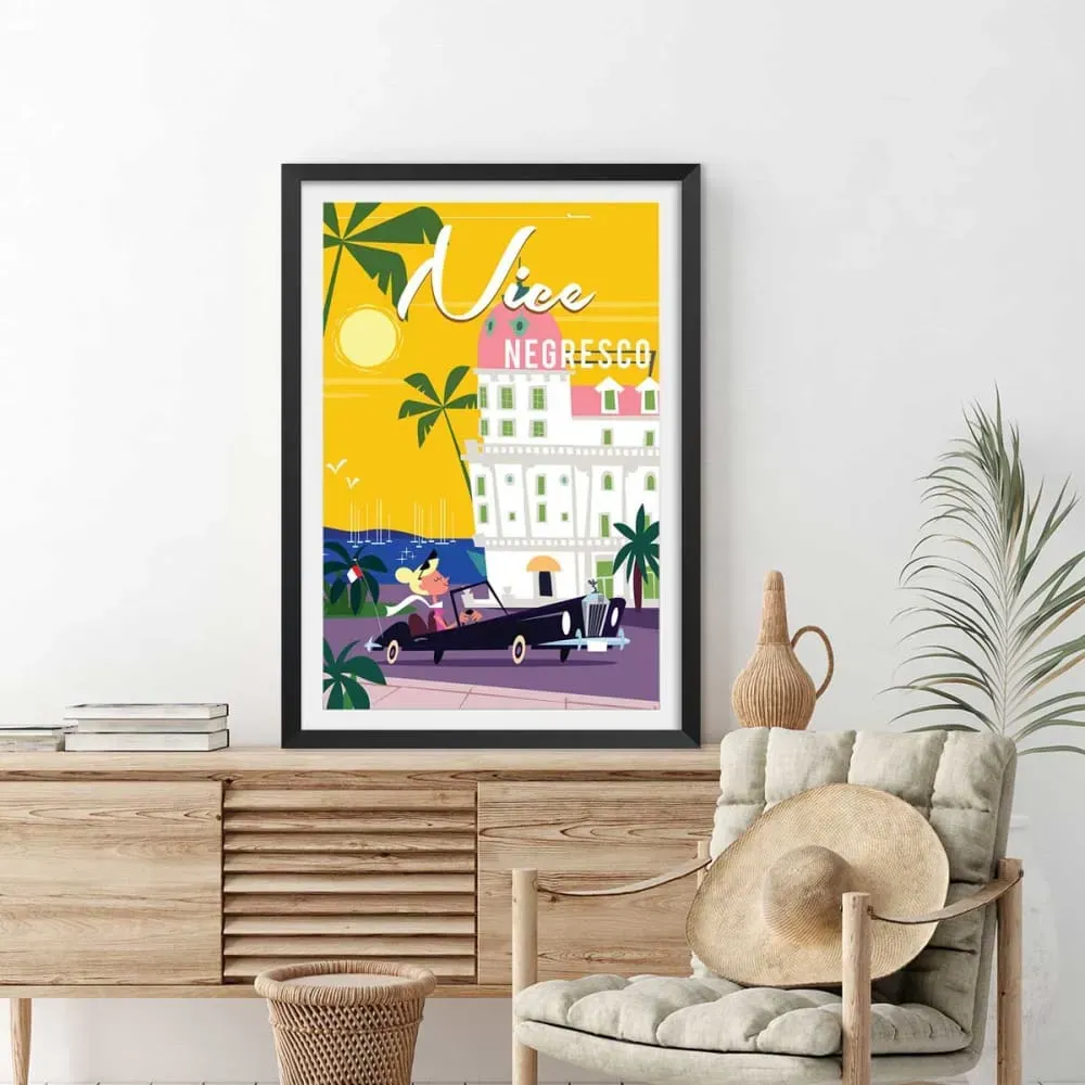 Illustration numéro 2 du produit Affiche vacances à Nice avec cadre noir 30x45 cm