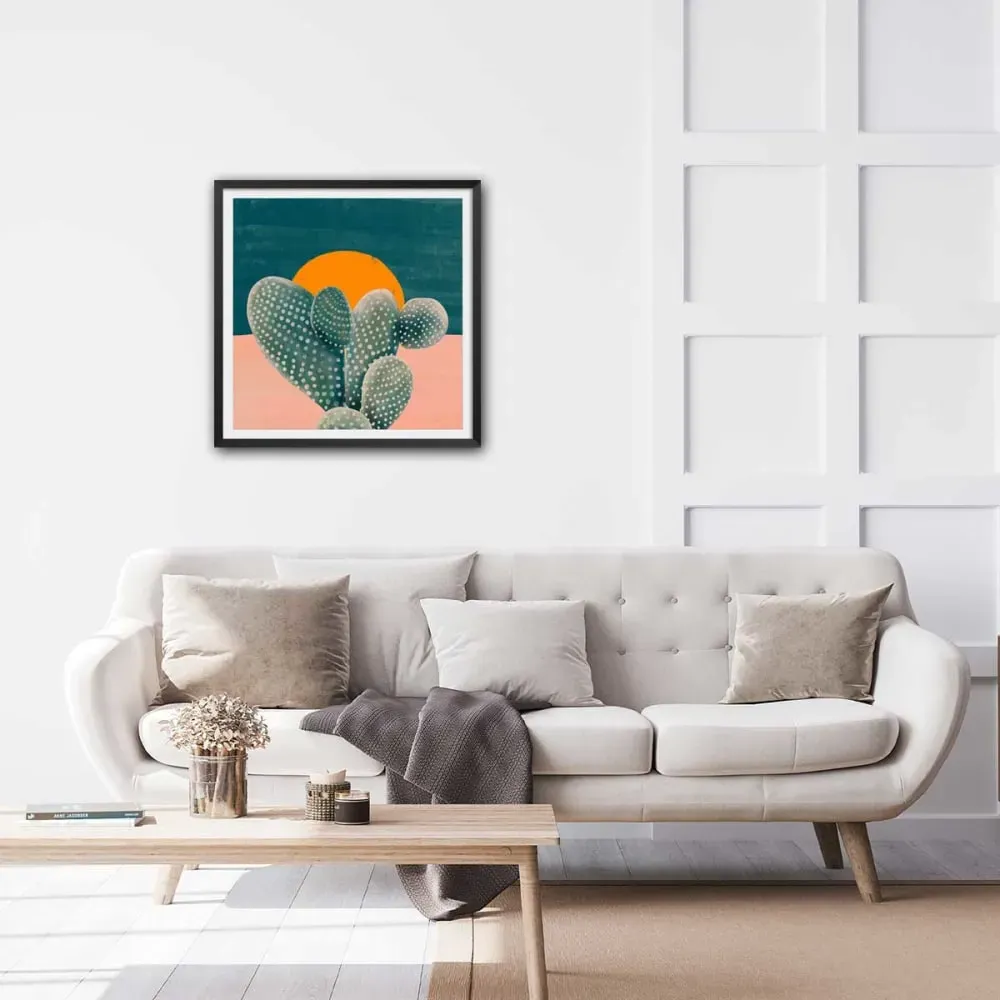Illustration numéro 2 du produit Affiche illustration cactus et soleil orange avec cadre noir 30x30 cm