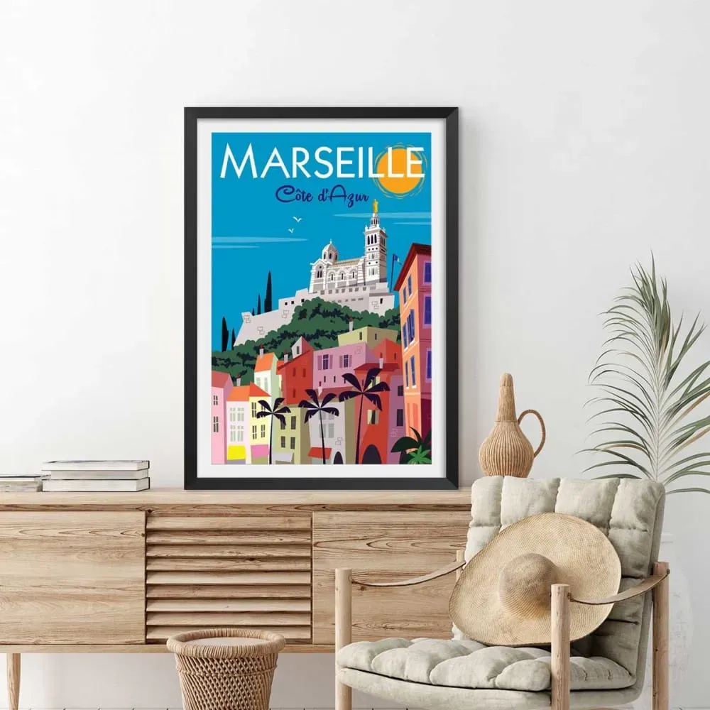 Illustration numéro 2 du produit Affiche vintage Marseille avec cadre noir 40x60  cm