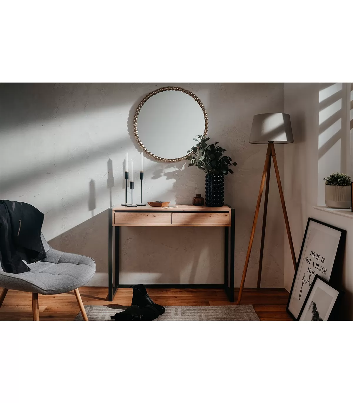 Illustration numéro 2 du produit Console Industrielle 2 tiroirs L100 cm - Décor Bois Clair